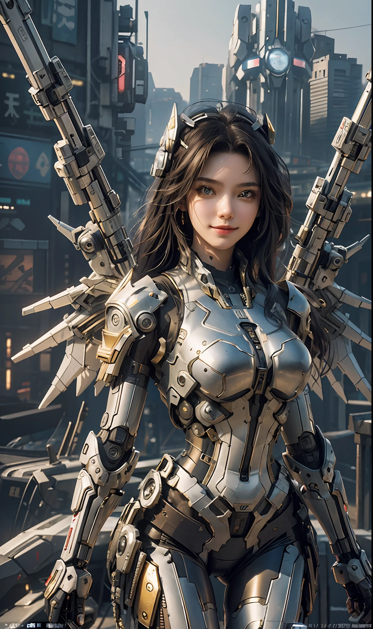 A close up of a woman in a futuristic suit with guns - SeaArt AI