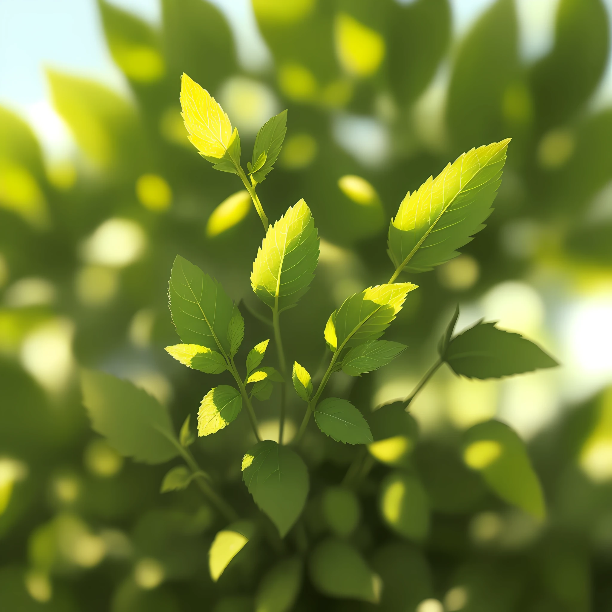 Green leaves, a little sun exposure, mint leaves, no people, solid background, lemon, real picture, hazy, blurry