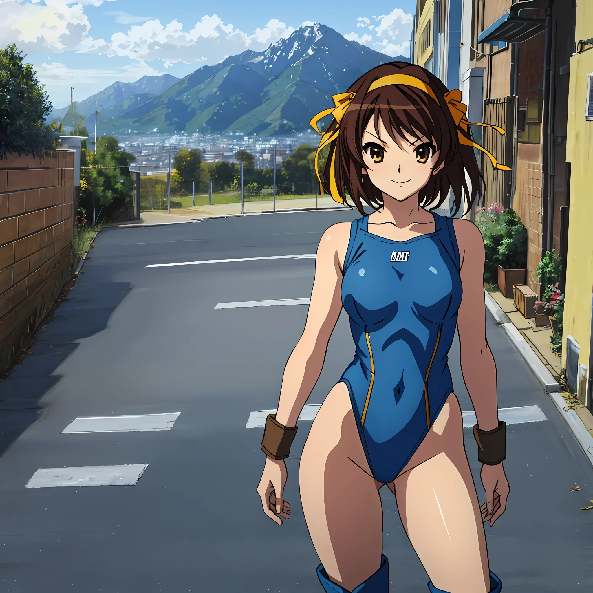 masterpiece, best quality, highres, 1girl, solo, superhero, leotard, blue and white leotard, bare legs, brown hair, short hair, brown eyes, hairband, medium hair, ribbon, boots, matching boots, blue boots, medium , cowboy shot, standing, smile, city backdrop, haruhi suzumiya, kyoani haruhi style, sleeveless, blue sparkles,
