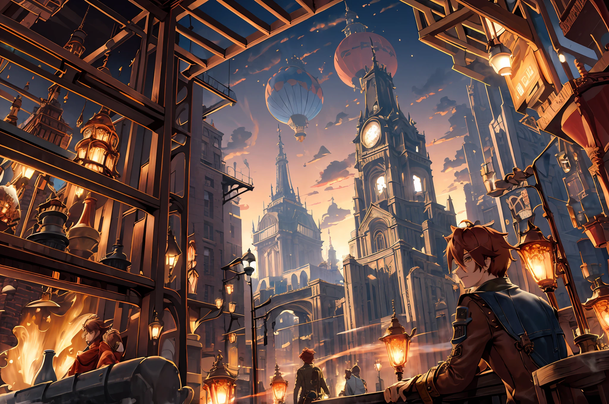 (masterpiece), (best quality), (high resolution), hyper detailed, detailed_background, steampunk, cityscape, brick buildings, brass and copper detailing, copper pipes, dirty streets, dirty river, smog, nighttime, amber lights, (wooden rocket ship in sky:1.2), hot air balloons, bloom,