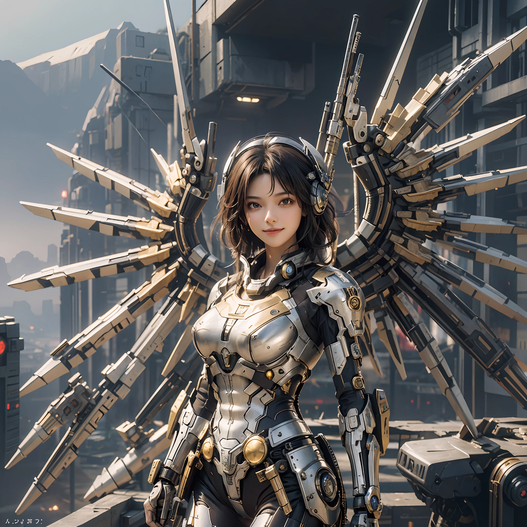 masterpiece,(bestquality),highlydetailed,ultra-detailed,1girl,(mechanicalwings:golden,glowingeyes:blue,goldenrarmor:1.2,elongatedears:0.8),(cyberpunkcity:1.5,weapon:energyblade),(fantasylandscape:1.2,natural lighting:1.5,confidentexpression),(panorama:1.2),mecha, smile,angle,Angels, wings,gold,raw