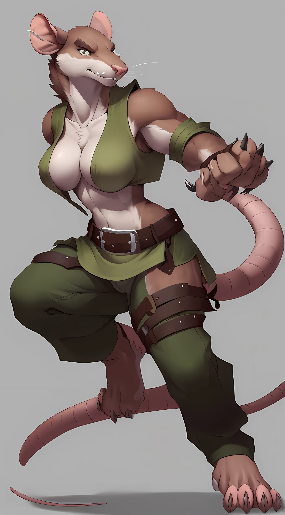 (Rat), (brown fur), antro, (wearing small tunic), two toned fur, (wearing cotton pants), (under Boob), high detail, , high resolution, raw photo, gray background, cleavage, 1girl, solo, big breasts, high quality, hi res, sharp, detailed body, detailed, cartoony, ((claws out)), ((looking at viewer)), (angry), mad, t full body, whole body, ((full body portrait)), far away, (((full body concept))), weapon pose, claw pose, attack pose, battle pose, average body, slim, weak, thin, skinny