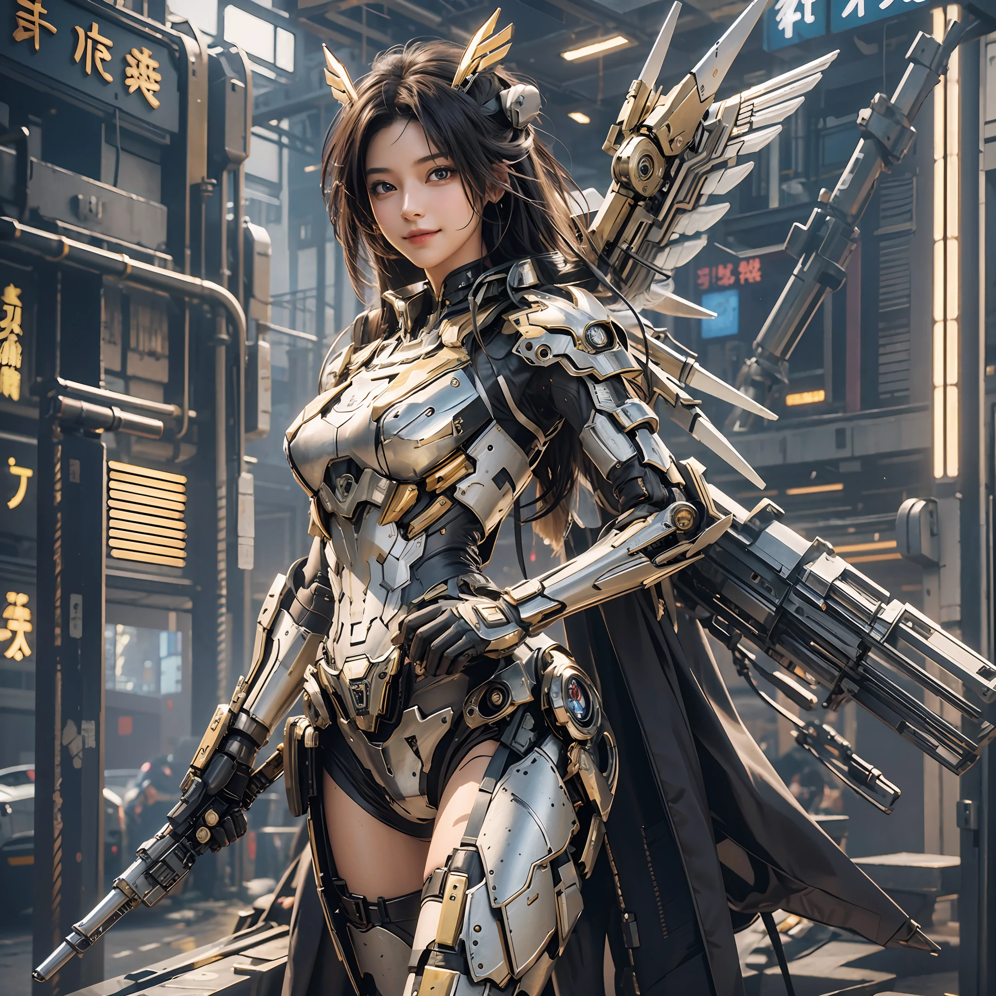 masterpiece,(bestquality),highlydetailed,ultra-detailed,1girl,(mechanicalwings:golden,glowingeyes:blue,goldenrarmor:1.2,elongatedears:0.8),(cyberpunkcity:1.5,weapon:energyblade),(fantasylandscape:1.2,natural lighting:1.5,confidentexpression),(panorama:1.2),mecha, smile,angle,Angels, wings,gold,raw