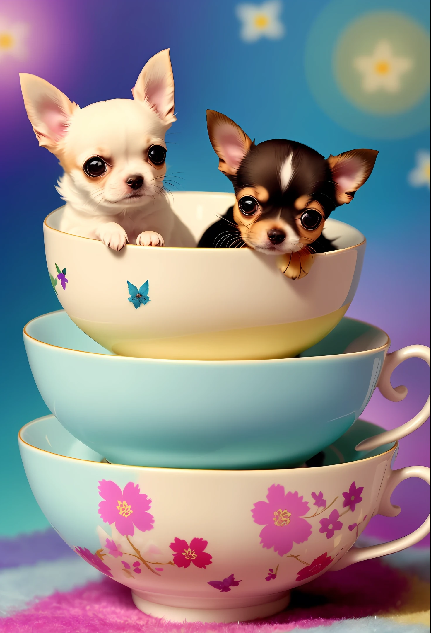 One cute teacup Two small cute Chihuahuas in the teacup Only two Chihuahuas Chihuahuas are different colors Chihuahuas have fluffy fur Multiple small, colorful hearts flying in the surrounding space The background is fantasy nature