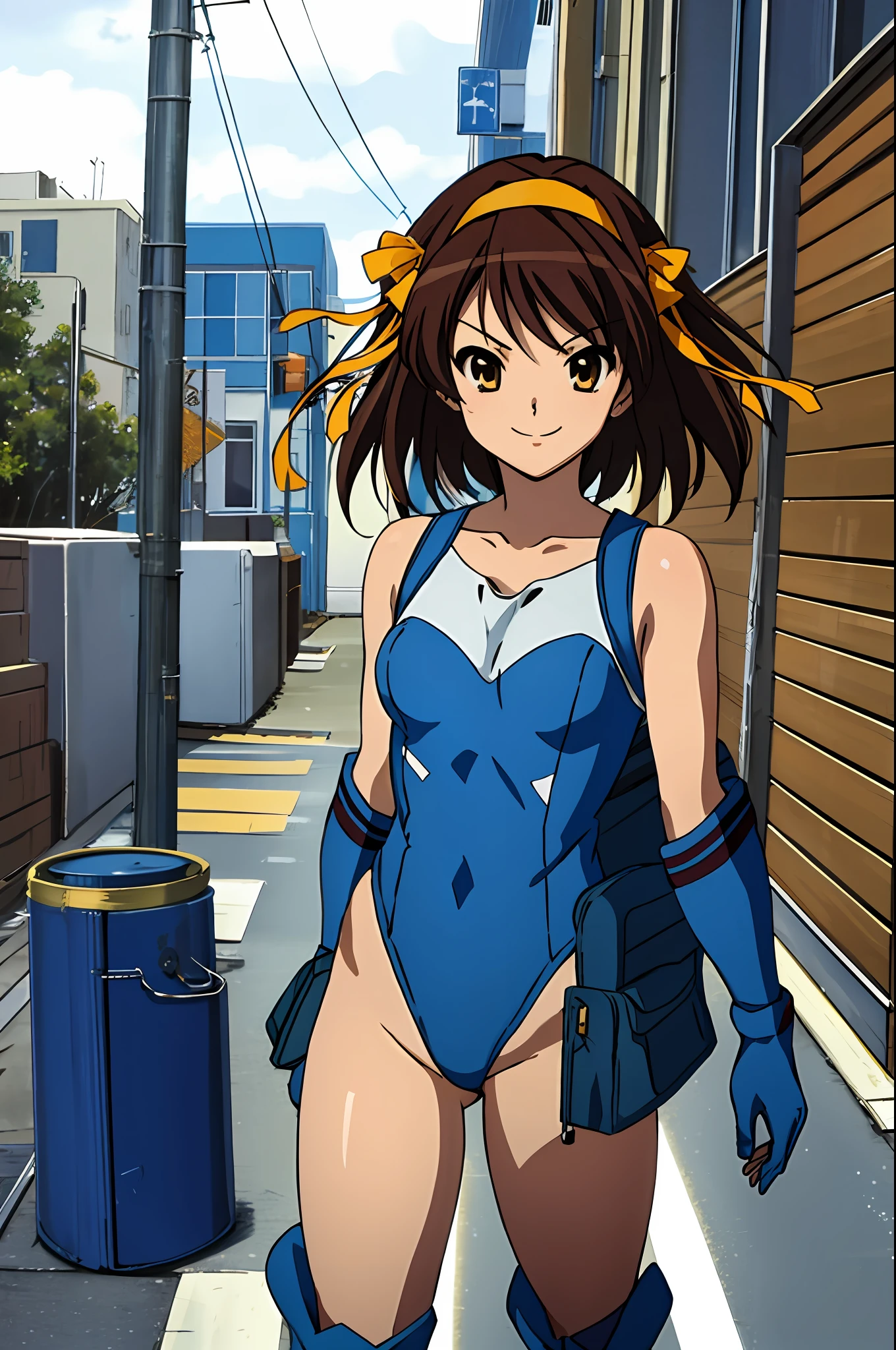 masterpiece, best quality, highres, 1girl, solo, superhero, leotard, blue and white leotard, bare legs, brown hair, short hair, brown eyes, hairband, medium hair, ribbon, boots, matching boots, blue boots, medium breasts, cowboy shot, standing, smile, city backdrop, haruhi suzumiya, kyoani haruhi style, sleeveless, blue sparkles,