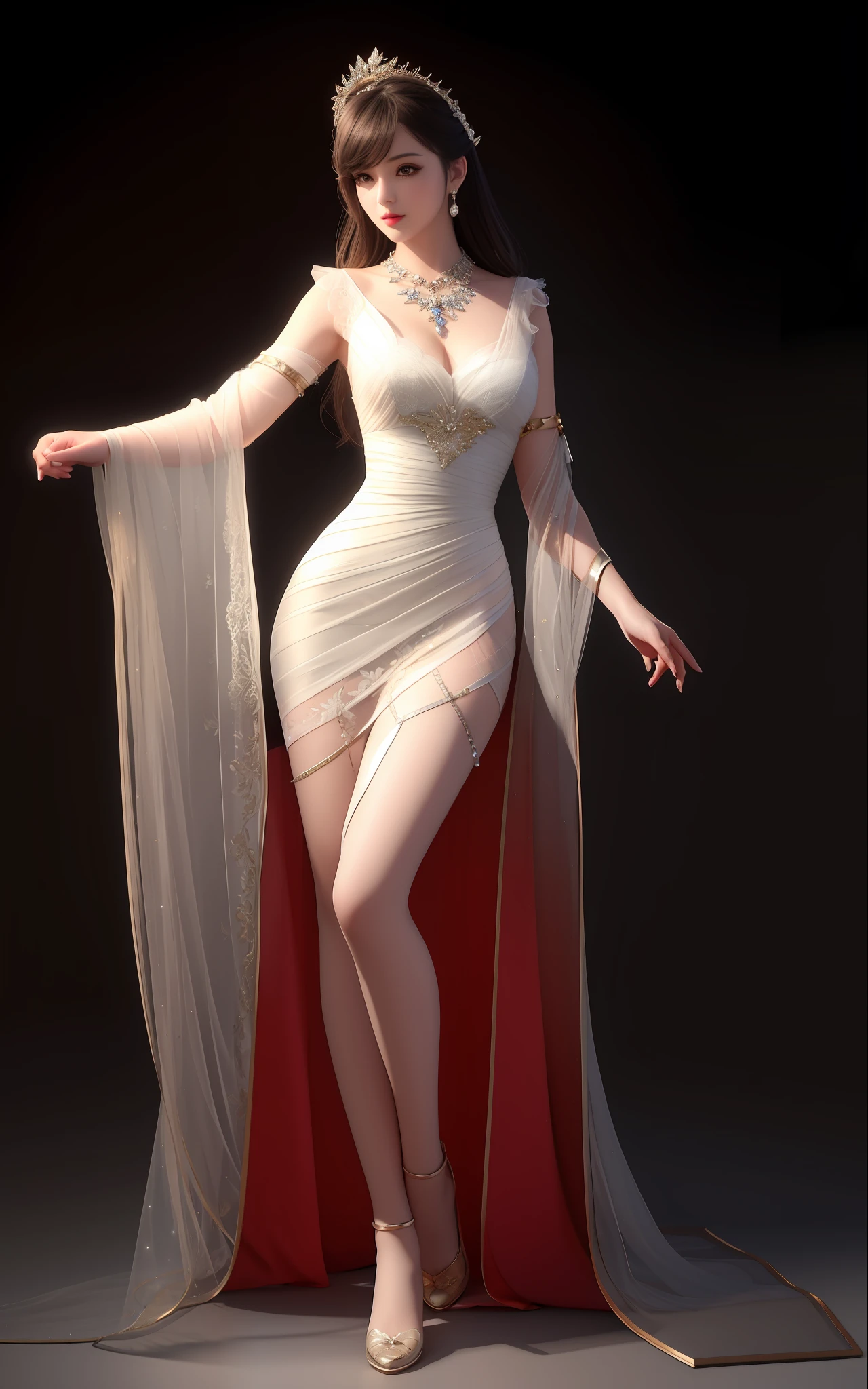 Best Quality, Masterpiece, High Resolution, 1 Girl, Porcelain Dress, Hair Accessories, Necklace, Jewelry, Beautiful Face, Physically, Tyndall Effect, Realism, Dark Studio, Edge Lighting, Two-tone Lighting, (High Detail Skin: 1.2), 8K UHD, DSLR, Soft Light, High Quality, Volumetric Light, Voyeur, Photo, High Resolution, 4K, 8K, Background Blur, Full Body, Stockings