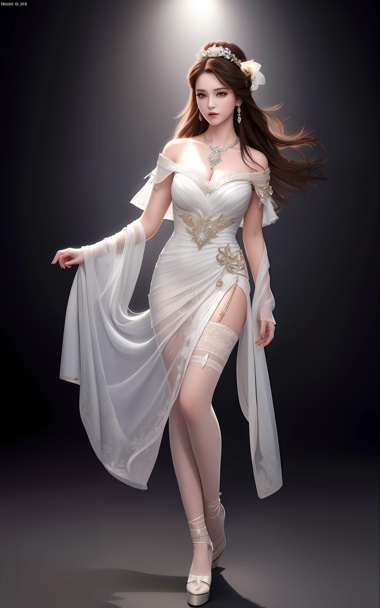 Best Quality, Masterpiece, High Resolution, 1 Girl, Porcelain Dress, Hair Accessories, Necklace, Jewelry, Beautiful Face, Physically, Tyndall Effect, Realism, Dark Studio, Edge Lighting, Two-tone Lighting, (High Detail Skin: 1.2), 8K UHD, DSLR, Soft Light, High Quality, Volumetric Light, Voyeur, Photo, High Resolution, 4K, 8K, Background Blur, Full Body, Stockings