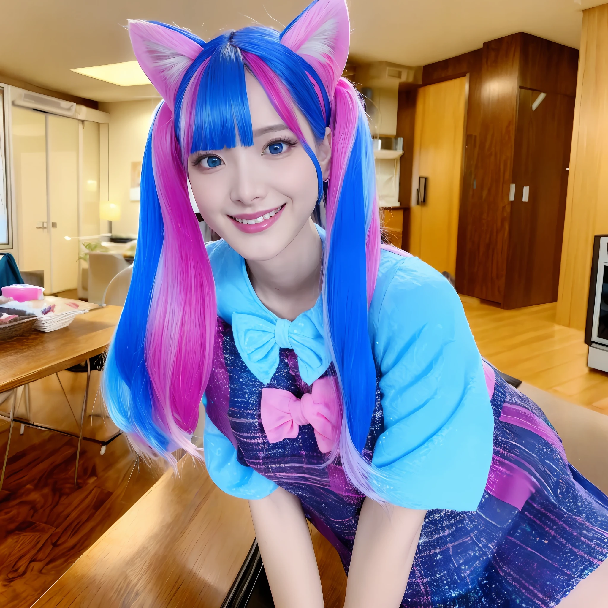 1girl, twintails, multicolored hair, hair ornament, hair over one eye, cat ears, blue eyes, blue hair, pink hair, smile, bow, solo, indoors, makeup, pleated skirt, long hair, bangs, pink nails, open mouth ,the most beautiful form of chaos, elegant, a brutalist designed, vivid colours, romanticism, atmospheric, (RAW photo, best quality), (realistic, photo-realistic:1.2), masterpiece, an extremely delicate and beautiful, extremely detailed, sitting, ,蹲姿态,蹲着,白色内衣,蹲坐,大开,叉开腿,裤袜