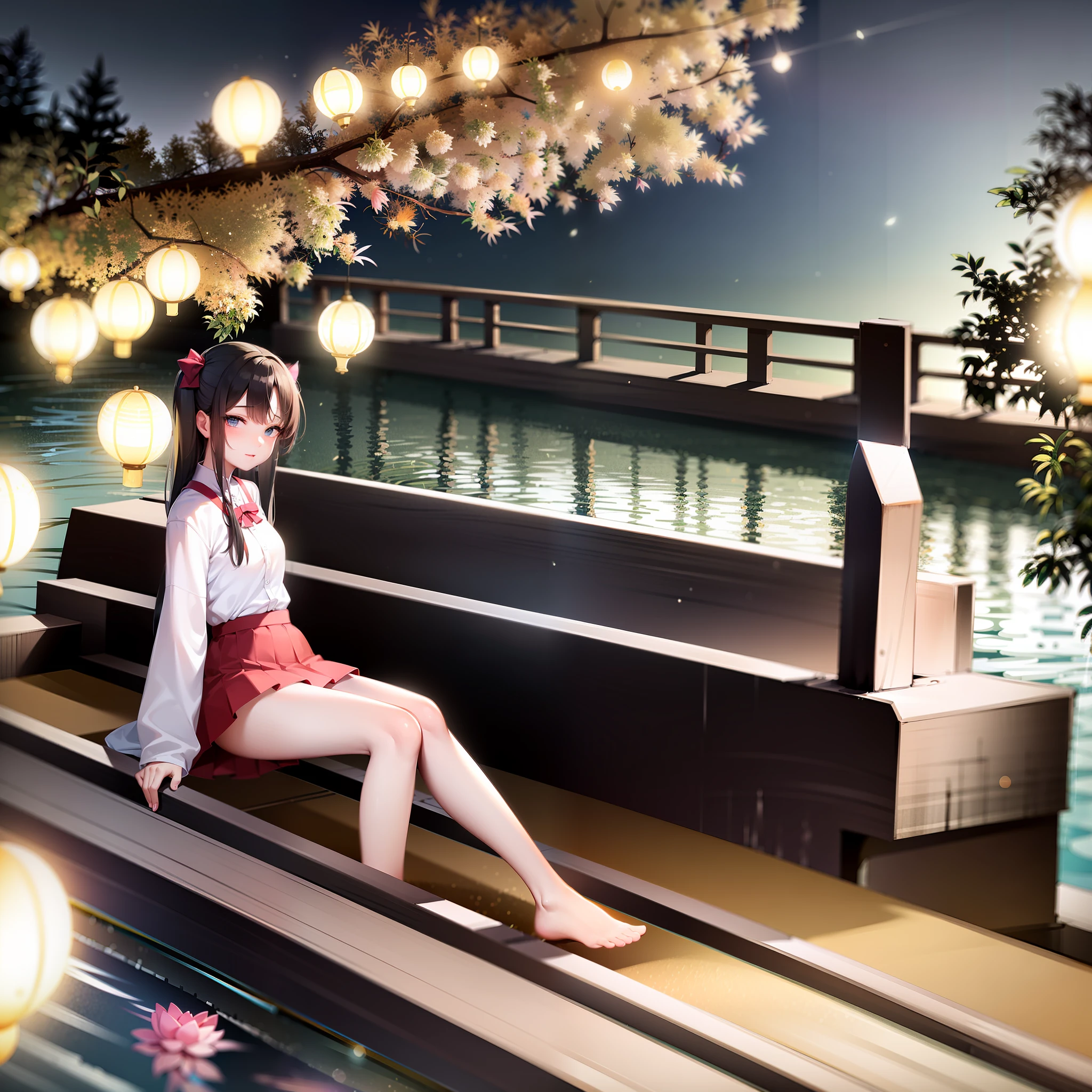 (High quality, 8k, original character), (Fact: 1.5), (Masterpiece, Best Quality, High Resolution: 1.2), Girl, Summer Night, (Stockings Smooth Texture: 1.5), Sexy Skirt, Delicate Eyes, Delicate Image, Boat, River, Face to Camera, A Large Lotus Blooms Behind It, Moonlight, Breeze, Fireflies