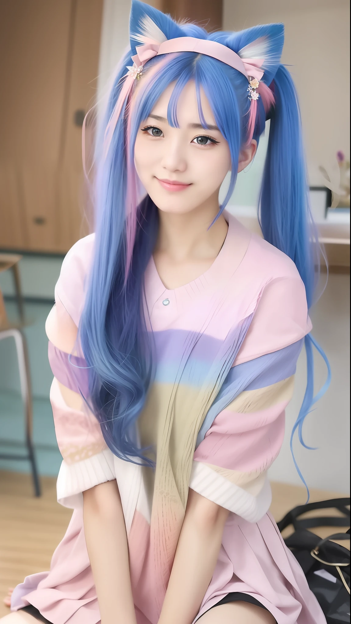 1girl, twintails, multicolored hair, hair ornament, hair over one eye, cat ears, blue eyes, blue hair, pink hair, smile, bow, solo, indoors, makeup, pleated skirt, long hair, bangs, pink nails, open mouth ,the most beautiful form of chaos, elegant, a brutalist designed, vivid colours, romanticism, atmospheric, (RAW photo, best quality), (realistic, photo-realistic:1.2), masterpiece, an extremely delicate and beautiful, extremely detailed, sitting, ，蹲姿态，蹲着，白色内衣，蹲坐，大开，叉开腿，裤袜