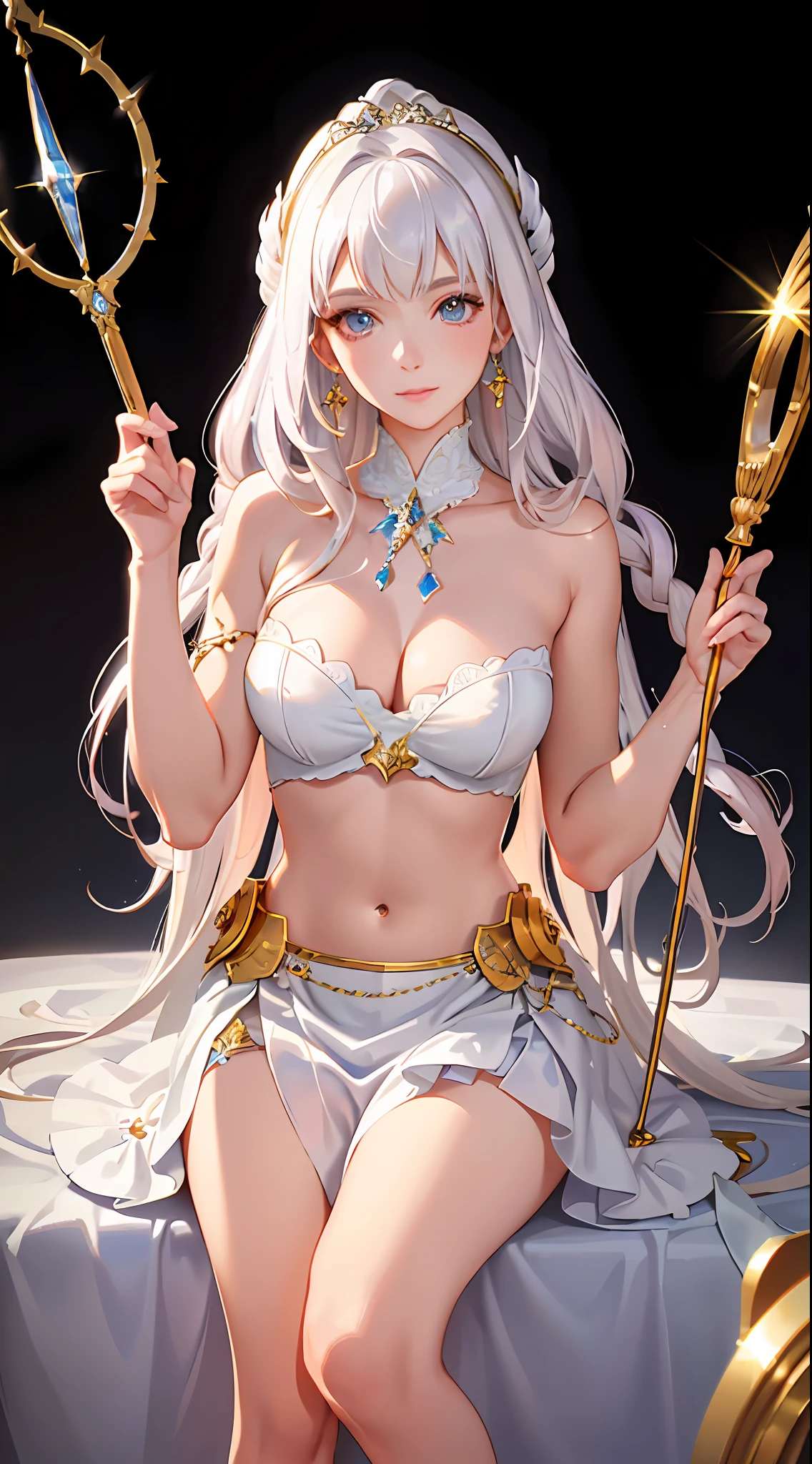 (photorealistic:1.4), (masterpiece, sidelighting, finely detailed beautiful eye: 1.2), masterpiece*portrait, realistic, 3d face, glowing eyes, loss skin, solo, proud, (midriff), white dress, red hair , long hair, English card ventilation, triangle earrings, curly hair, bow hairpin, left hand scepter, dress belt, white gold scepter, white stockings, white shoes, (gorgeous background), 8k