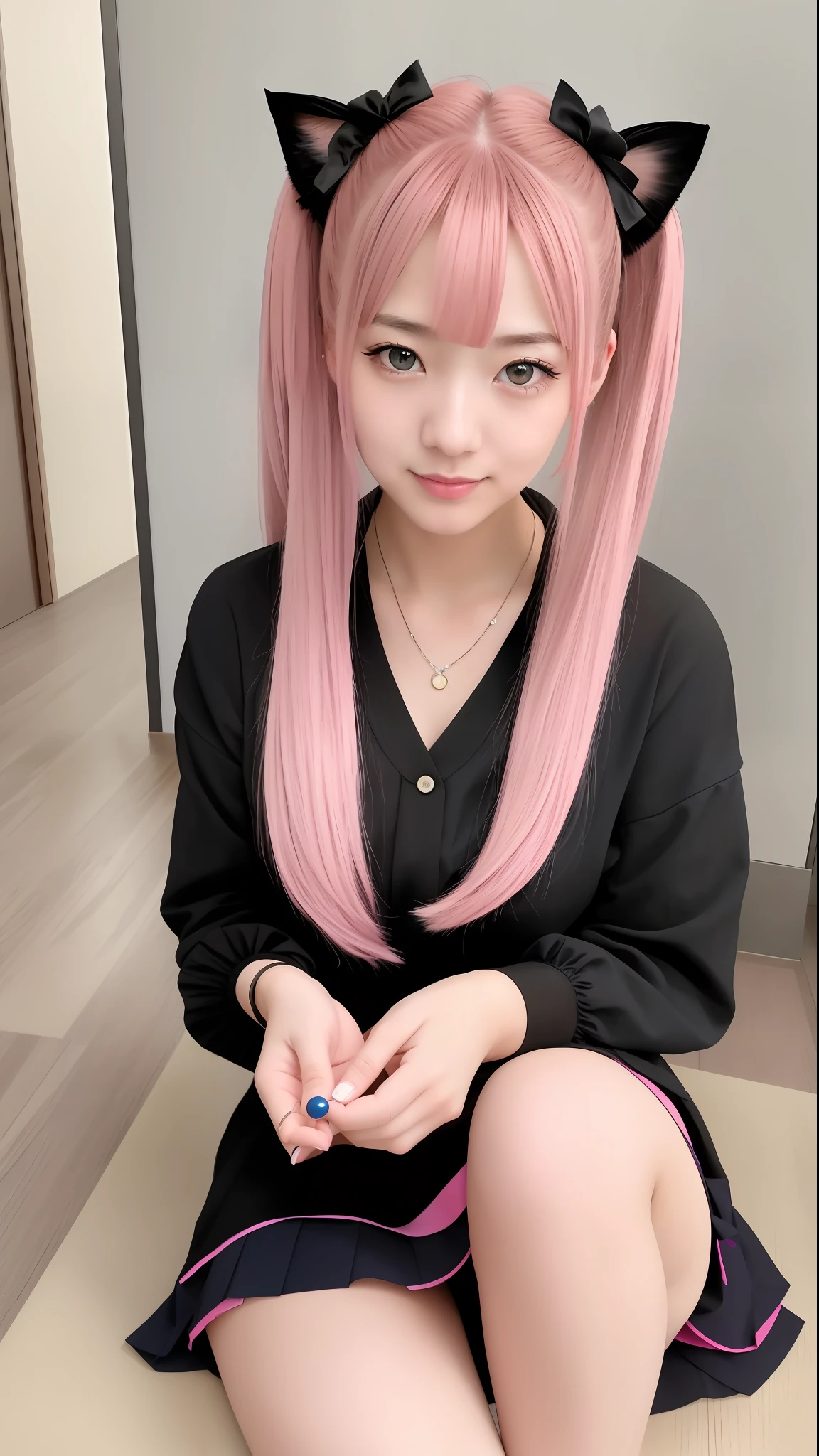 1girl, twintails, multicolored hair, hair ornament, hair over one eye, cat ears, blue eyes, blue hair, pink hair, smile, bow, solo, indoors, makeup, pleated skirt, long hair, bangs, pink nails, open mouth ,the most beautiful form of chaos, elegant, a brutalist designed, vivid colours, romanticism, atmospheric, (RAW photo, best quality), (realistic, photo-realistic:1.2), masterpiece, an extremely delicate and beautiful, extremely detailed, sitting, ,蹲姿态,蹲着,白色内衣,蹲坐,大开,叉开腿,裤袜