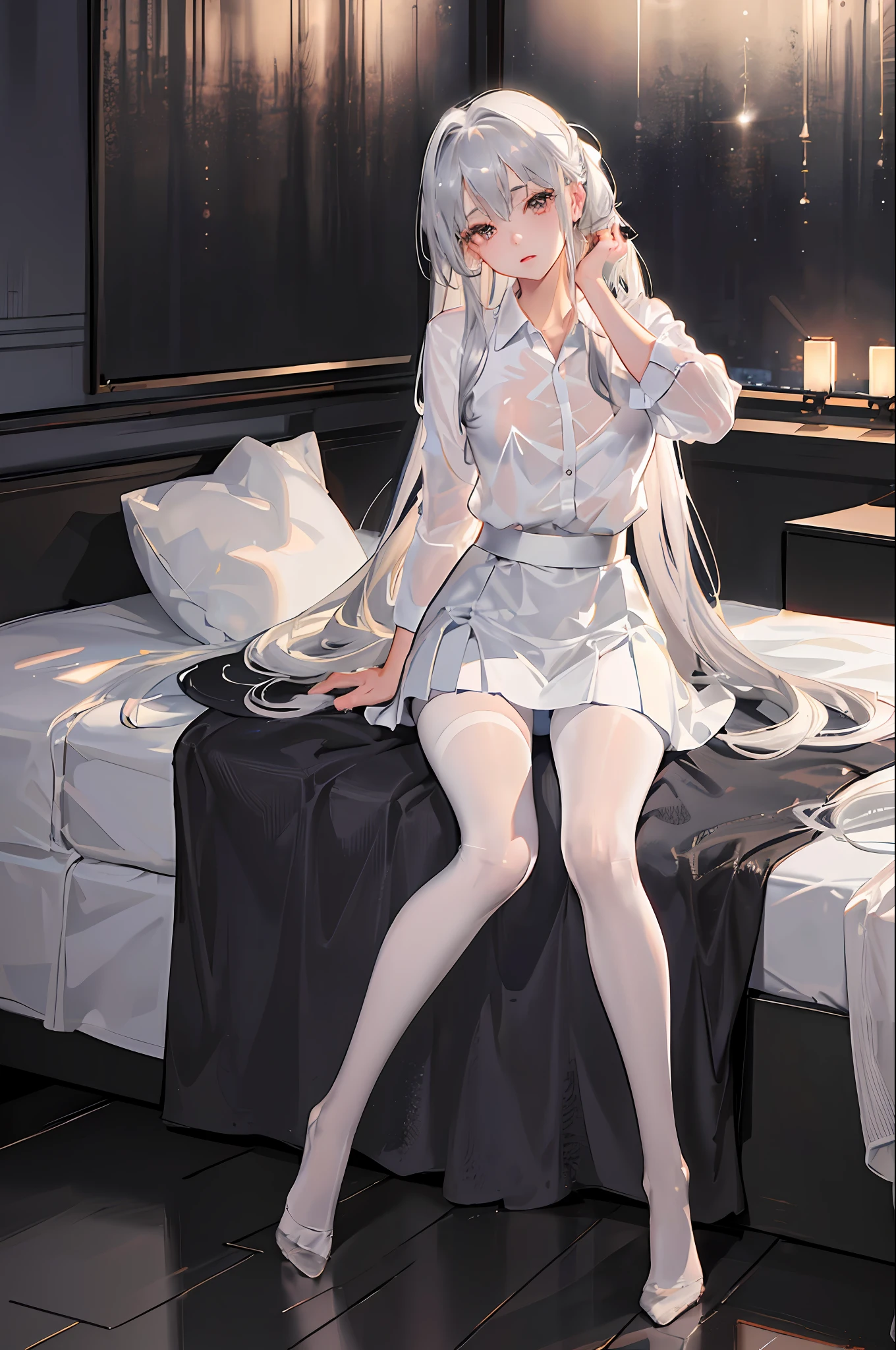 (((1 girl)),ray tracing,(dim lighting),[detailed background (bedroom)),((silver hair)),((silver hair)),(Fluffy silver hair, plump and slender girl))) with high ponytail))) Avoid golden eyes in the ominous bedroom ((((Girl wears a white shirt, black wrinkled skirt with black transparent pantyhose), showing a delicate slim figure and graceful curves, correct limbs, sitting on the bed with hands behind her head, Put both hands behind your head