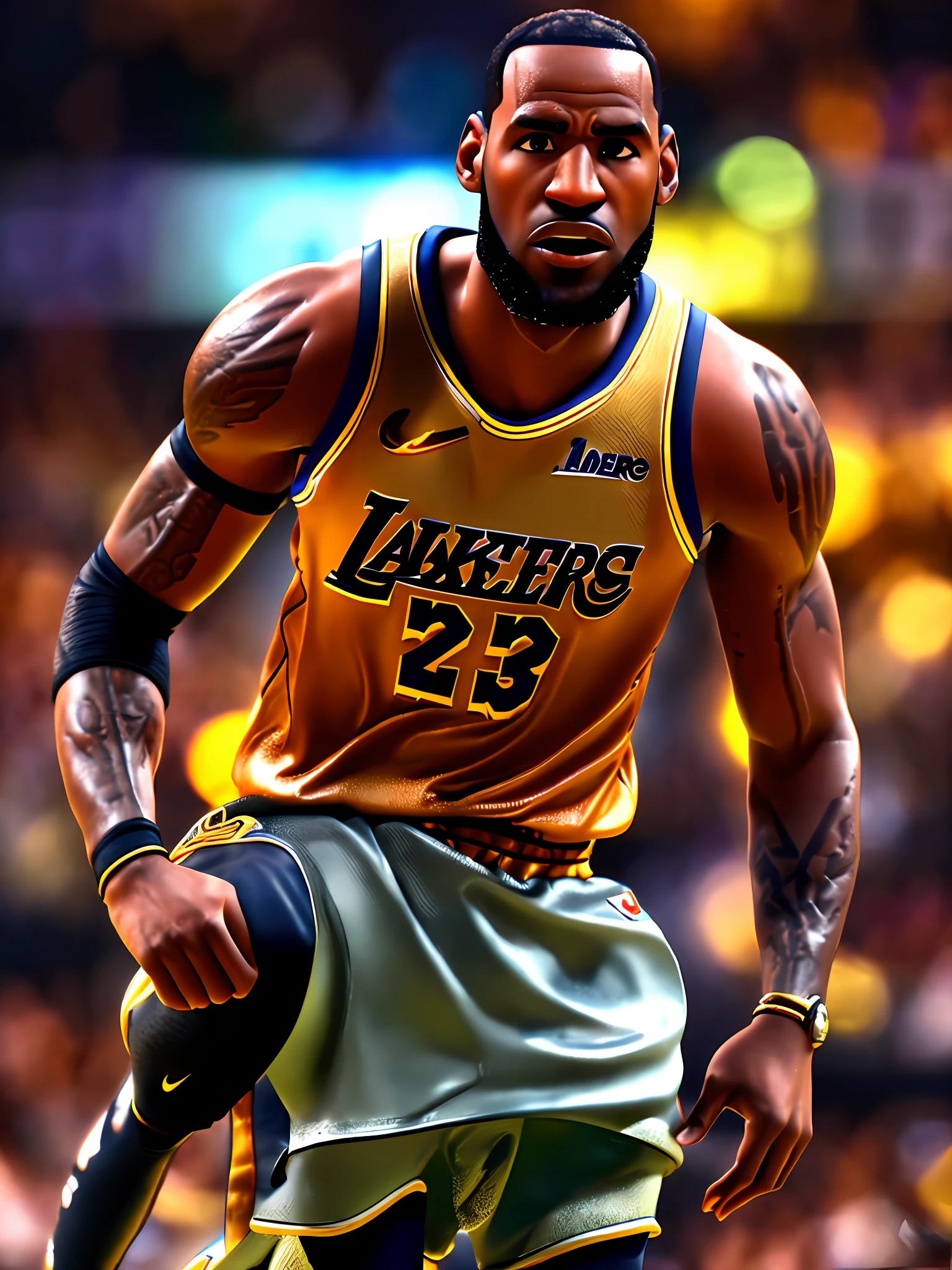 Lebron James, (pixar style) (masterpiece:1.2) (bokeh) (best quality) (detailed leather) (detailed texture) (8k) (claymation) (cinematic lighting) (sharp focus