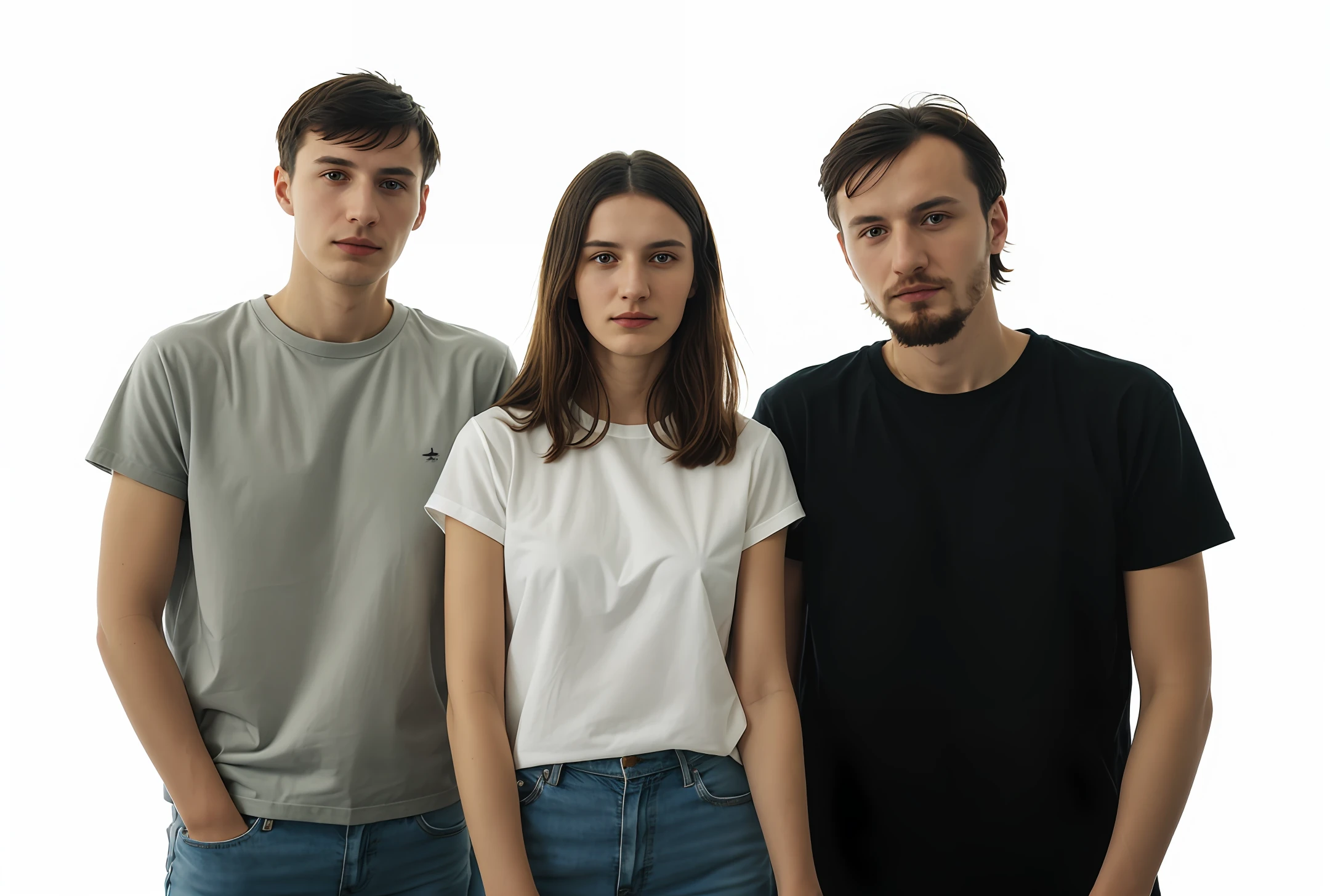 three people standing next to each other in front of a white background, high quality portrait, by Emma Andijewska, transparent background, by Matija Jama, solid background, jovana rikalo, no background, by Mathias Kollros, a group of people, clean background, in the background, by Adam Marczyński, plain background