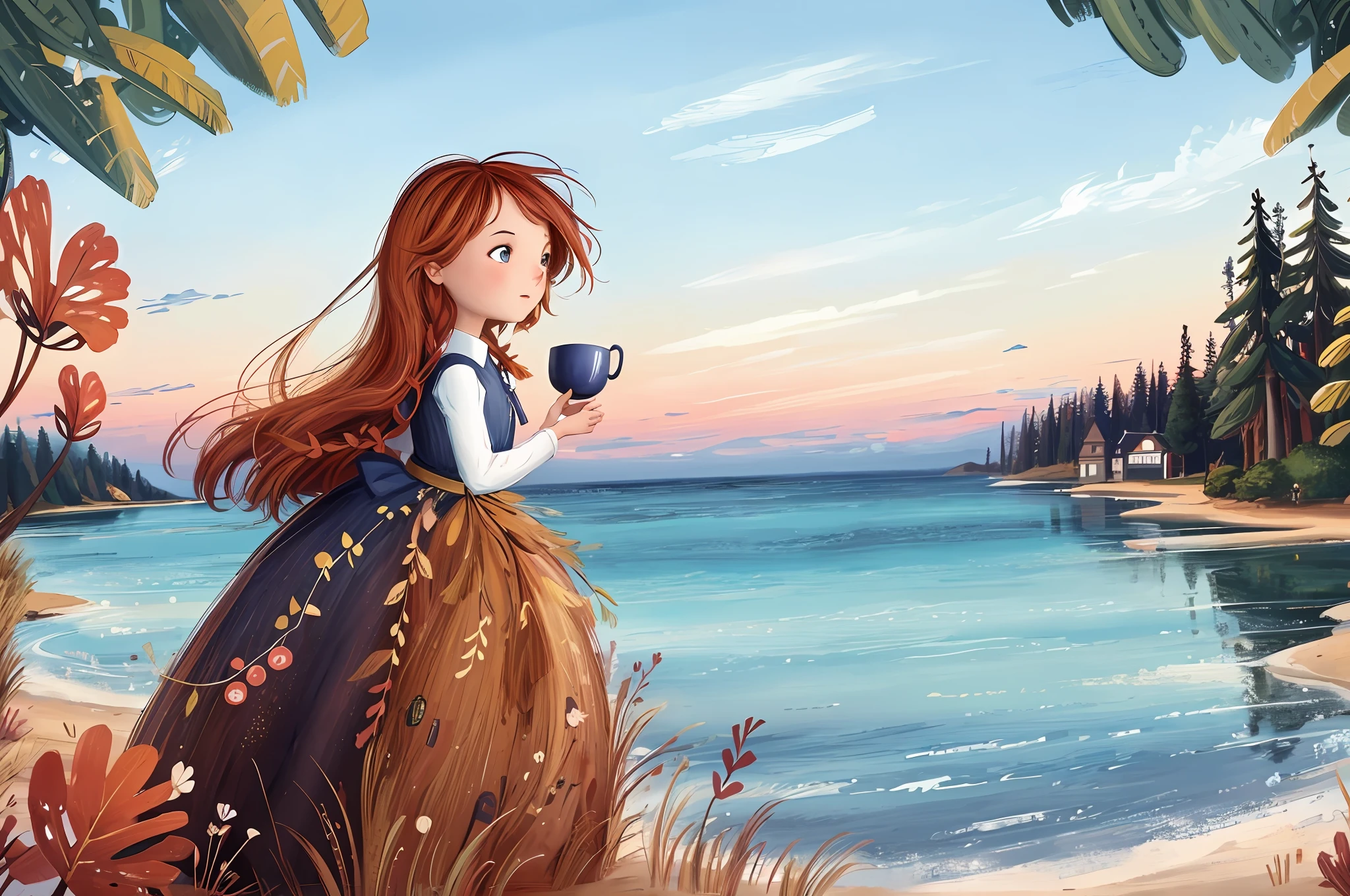 Anne discovers Green Gables' home: when Anne first came to Green Gables, she was fascinated by this warm and beautiful place, 2D, line art, illustrations