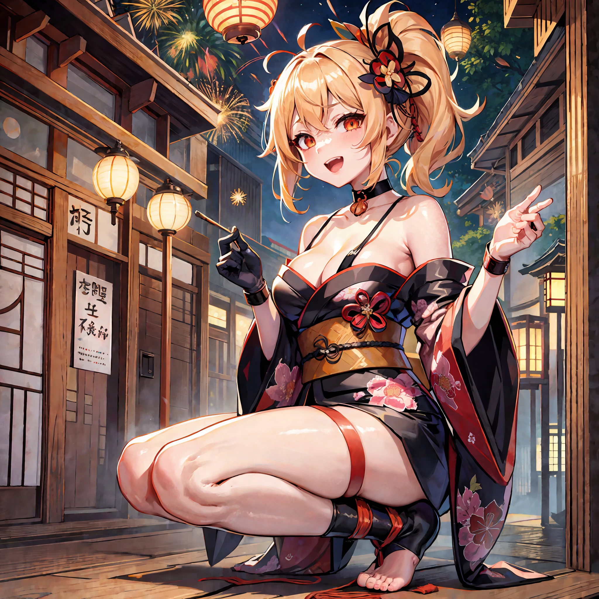 masterpiece, extreme, highres, 1girl, blond hair, medium hair, asymmetrical hair, floating hair, hair between eyes, high ponytail, side hair, hair accessories, fish hair accessories, tassel, kanzashi, bangs, orange eyes, open mouth, smile, teeth, upper teeth only, collar, red collar, choker, butterfly collar, collarbone, tattoo on chest, flower tattoo, cleavage, medium breasts, thighs, bandage, leg bandage, sarashi Budget sarashi, boobs sarashi, black belt, hadanugi dousa, houkisei, Japanese clothing, kimono, kinchaku, obi, obiage, obijime, orange kimono, pouch, printed kimono, rope, belt, shimenawa, short kimono, single bare shoulder, foresight (genshin impact), East Asian architecture, cherry blossoms, full body, squatting, fireworks, fireworks, night, fireworks, holding fireworks, legs together, legs together, feet, single gloves, single Show only finger gloves, wristbands, black socks,