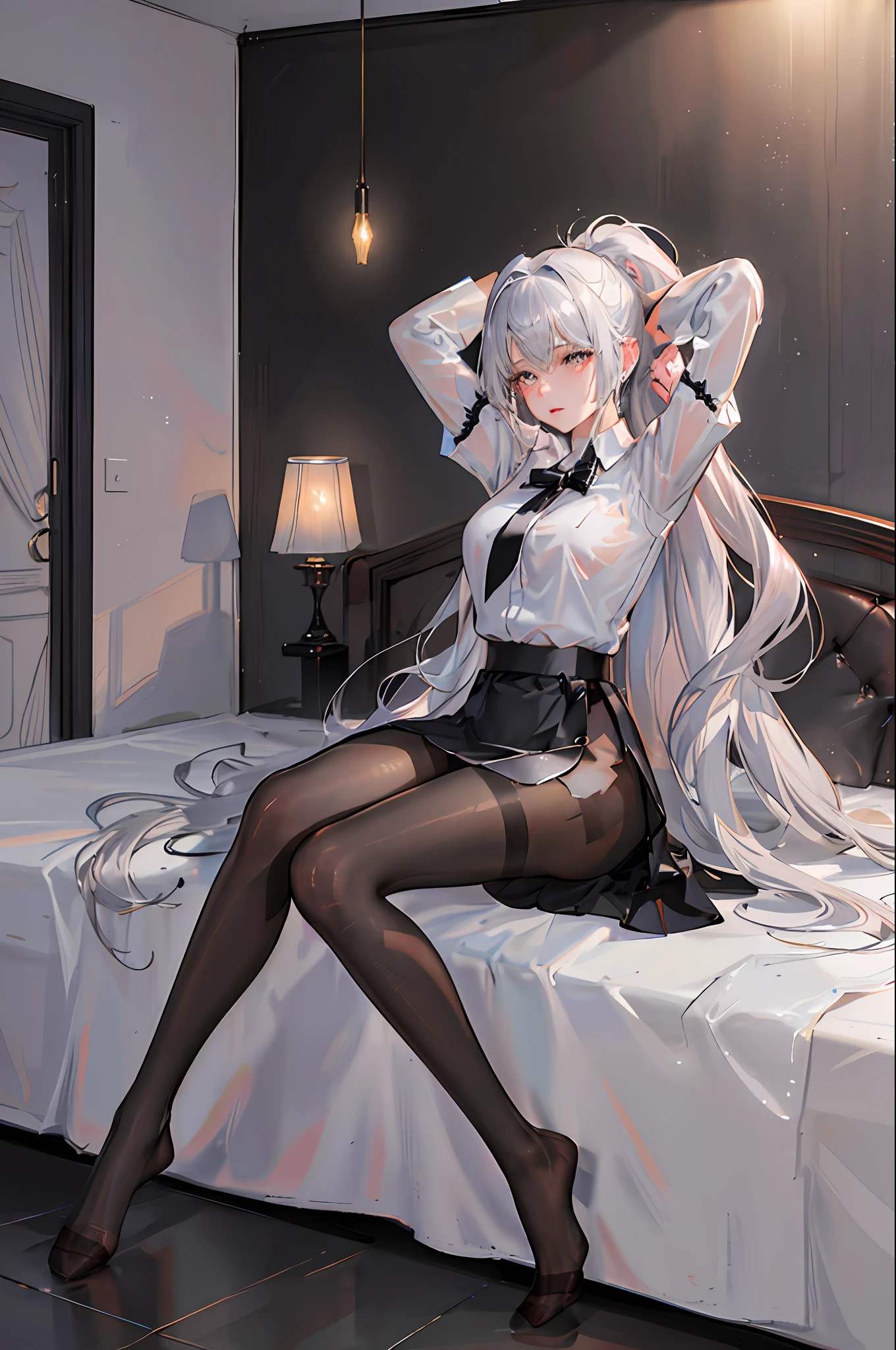 (((1 girl)),ray tracing,(dim lighting),[detailed background (bedroom)),((silver hair)),((silver hair)),(Fluffy silver hair, plump and slender girl))) with high ponytail))) Avoid golden eyes in the ominous bedroom ((((Girl wears a white shirt, black wrinkled skirt with black transparent pantyhose), showing a delicate slim figure and graceful curves, correct limbs, sitting on the bed with hands behind her head, Put both hands behind your head
