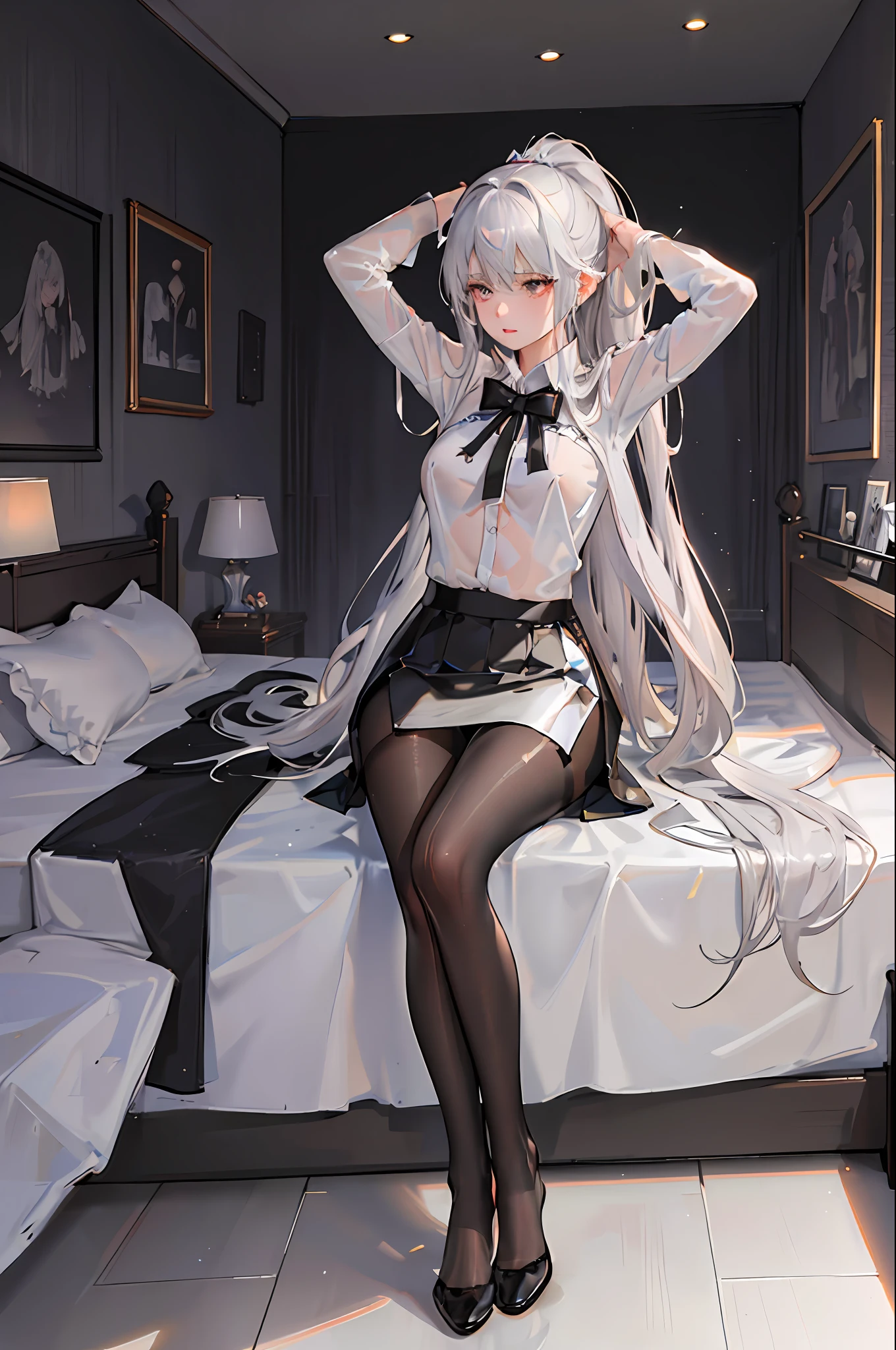 (((1 girl)),ray tracing,(dim lighting),[detailed background (bedroom)),((silver hair)),((silver hair)),(Fluffy silver hair, plump and slender girl))) with high ponytail))) Avoid golden eyes in the ominous bedroom ((((Girl wears a white shirt, black wrinkled skirt with black transparent pantyhose), showing a delicate slim figure and graceful curves, correct limbs, sitting on the bed with hands behind her head, Put both hands behind your head