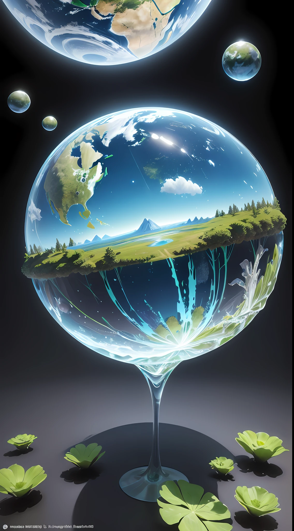 Earth Day poster, ((Green Spherical Earth, transparent plastic, optics, surreal, magic, fantasy, composition, bright, light fluorescence, ultra-detaile, trend in artstation, octane rendering,))), futuristic, plants ,Floral,,Blue,Green,Transparent,,Center Composition,,Super High Detail,4K,Flat Illustration, 3D, Blender, Masterpiece, Super Detail, Best Quality