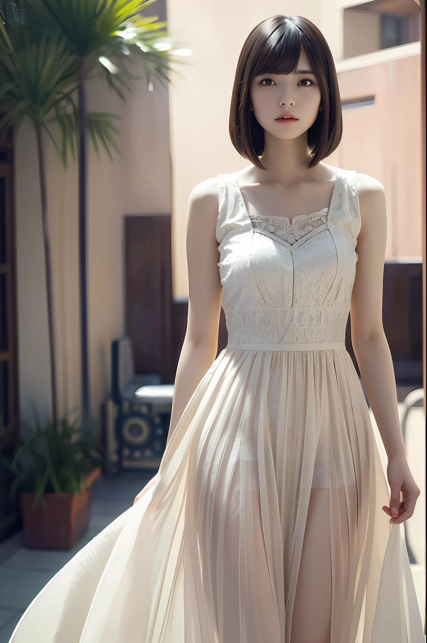 best quality, masterpiece, high resolution, 1girl, beautiful and perfect face, bob cut, maxi dress, intricate detailed, cinematic feel, 8k, extremely detailed