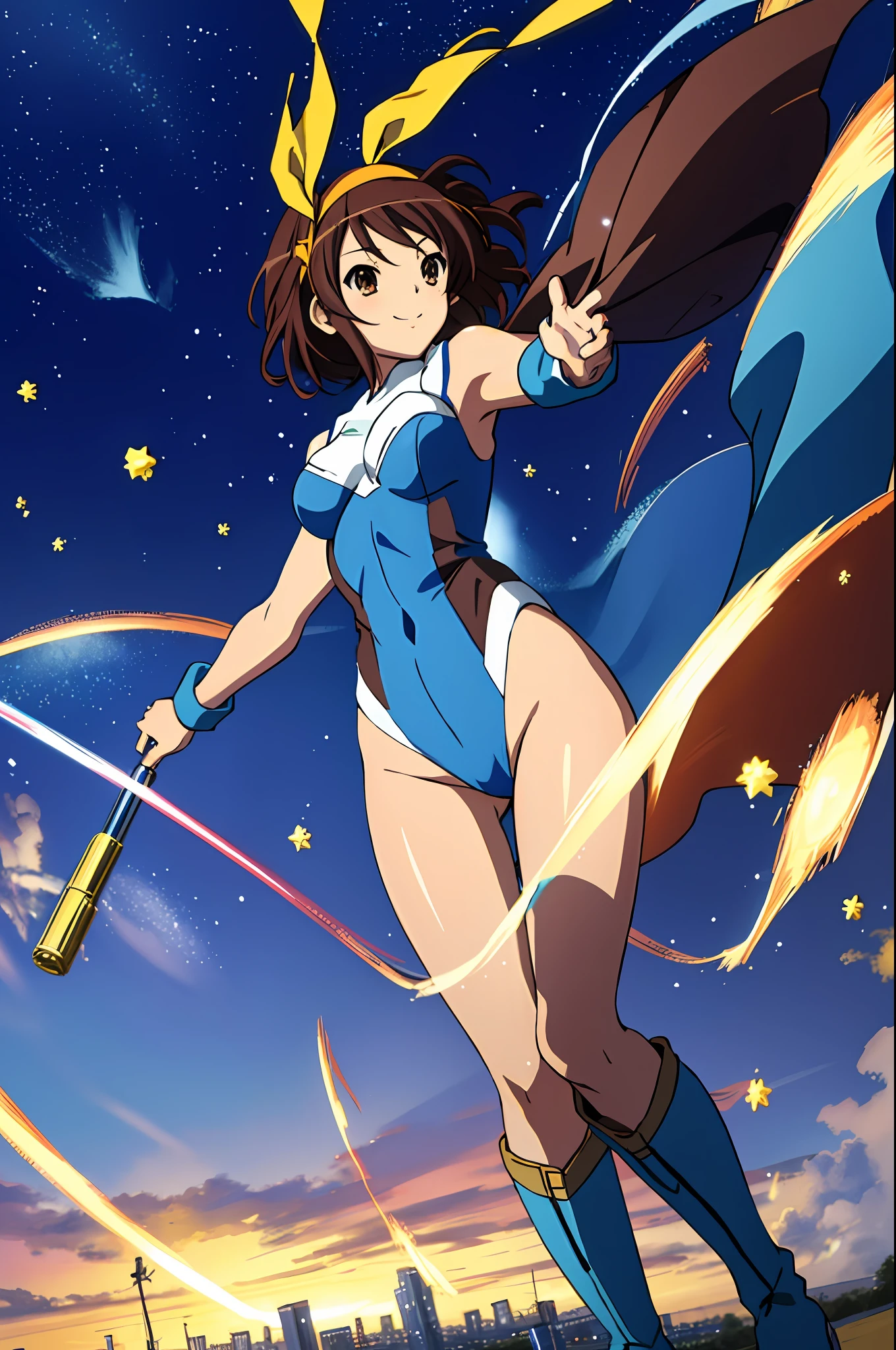 masterpiece, best quality, highres, 1girl, solo, superhero, leotard, blue and white leotard, bare legs, brown hair, short hair, brown eyes, hairband, medium hair, ribbon, boots, matching boots, blue boots, medium breasts, cowboy shot, spinning, super spin, tornado spin, smile, city backdrop, haruhi suzumiya, kyoani haruhi style, sleeveless, blue sparkles, light particles, wind particles, wind swirls, fast spin,