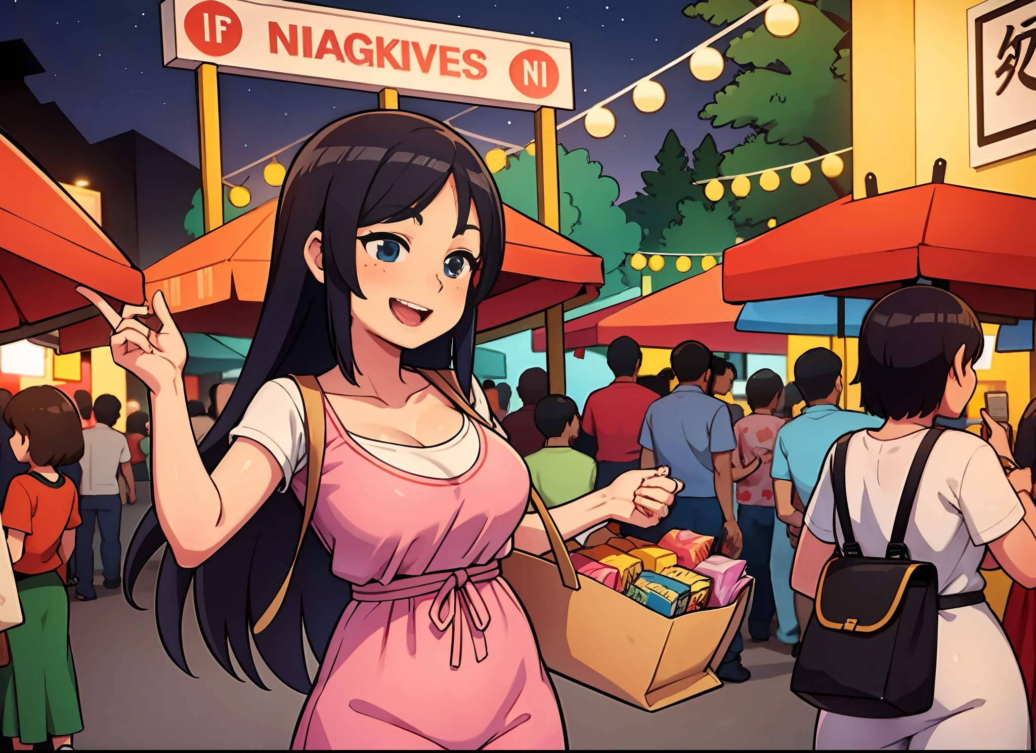 A lively night market. The woman is dressed in casual clothes, carrying snacks, and her face is full of joy and contentment.