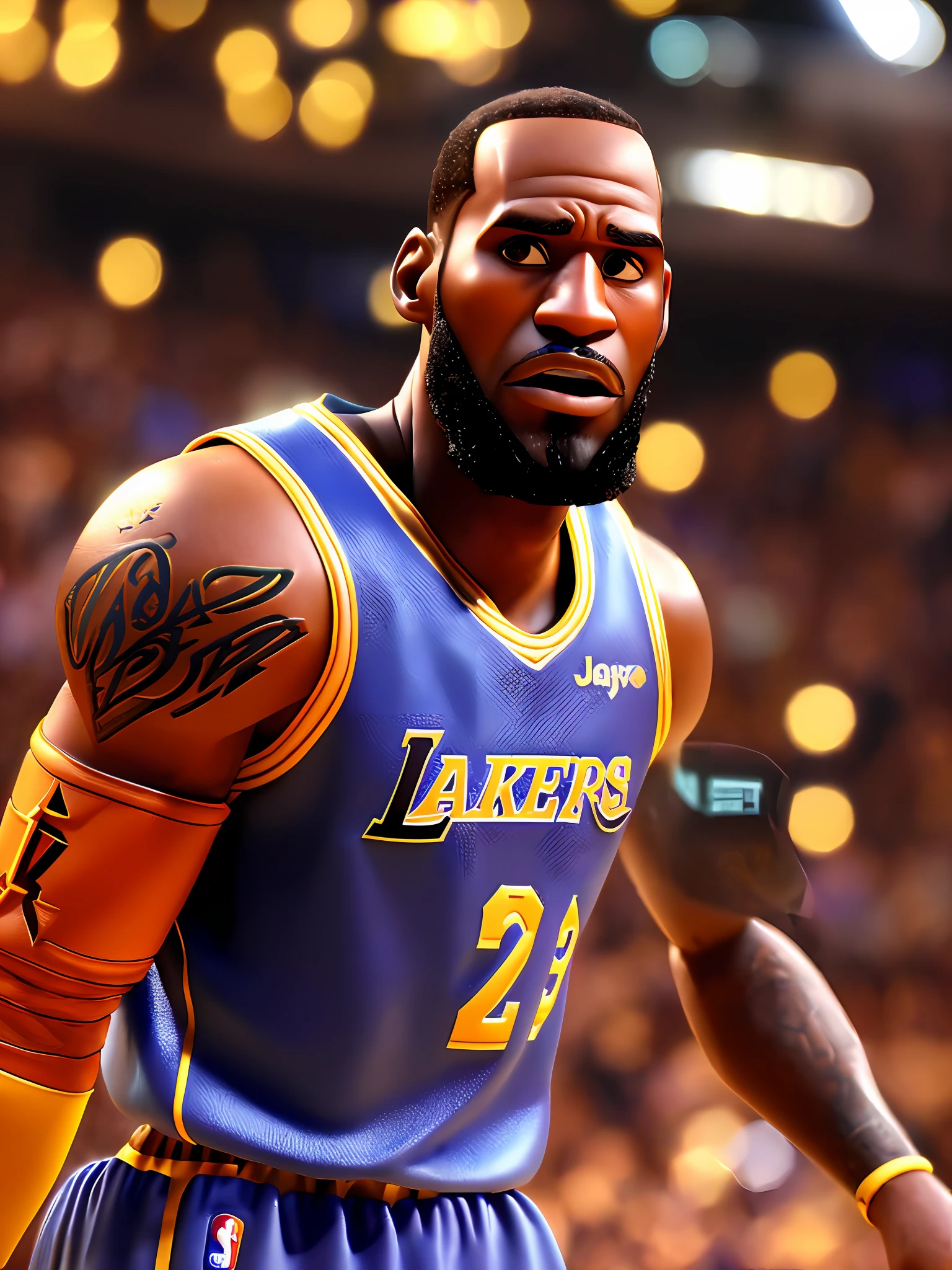 Lebron James, (pixar style) (masterpiece:1.2) (bokeh) (best quality) (detailed leather) (detailed texture) (8k) (claymation) (cinematic lighting) (sharp focus
