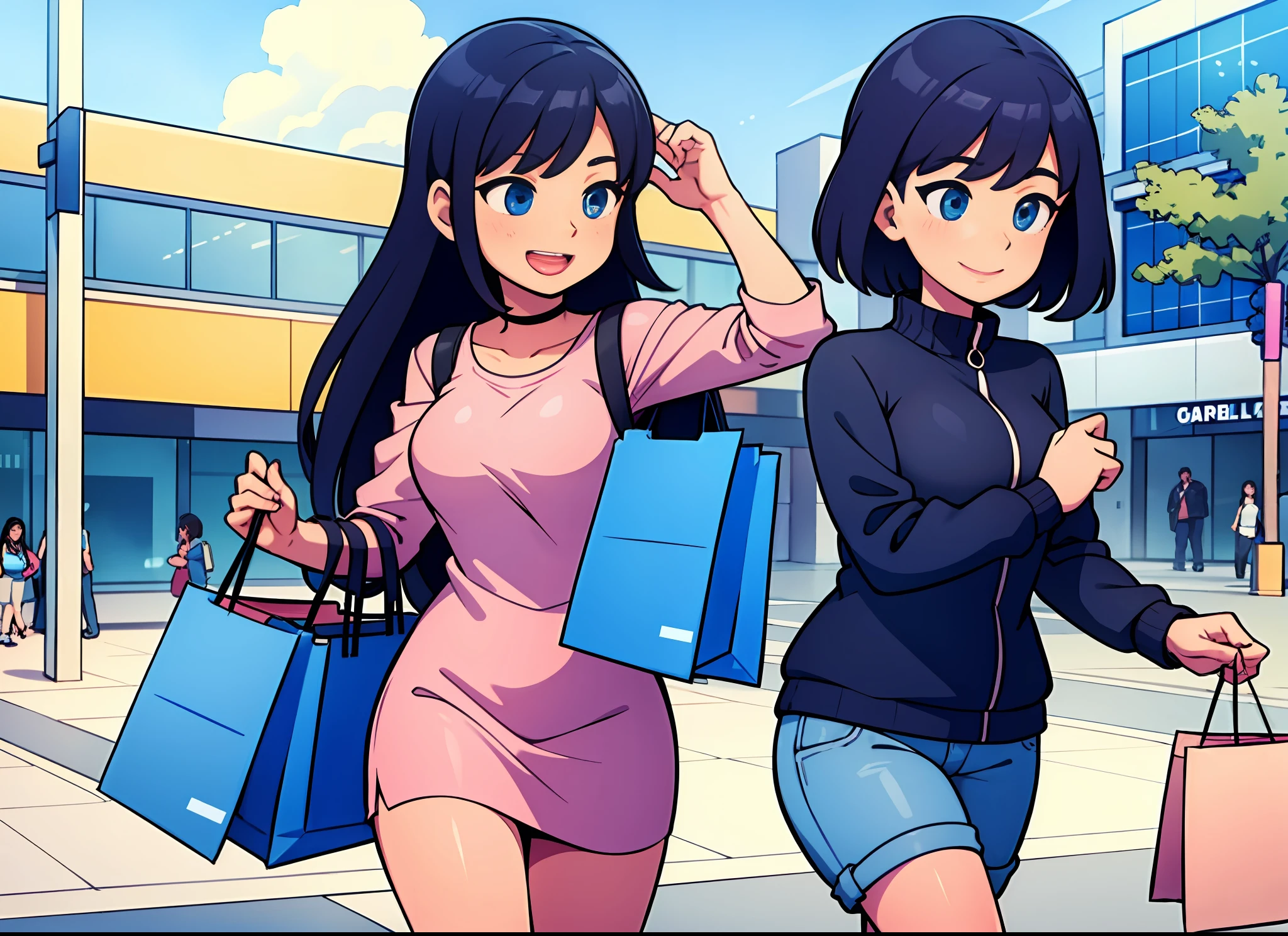 A modern shopping mall. The girl wears fashionable clothes, carries shopping bags, and her face reveals excitement and contentment.