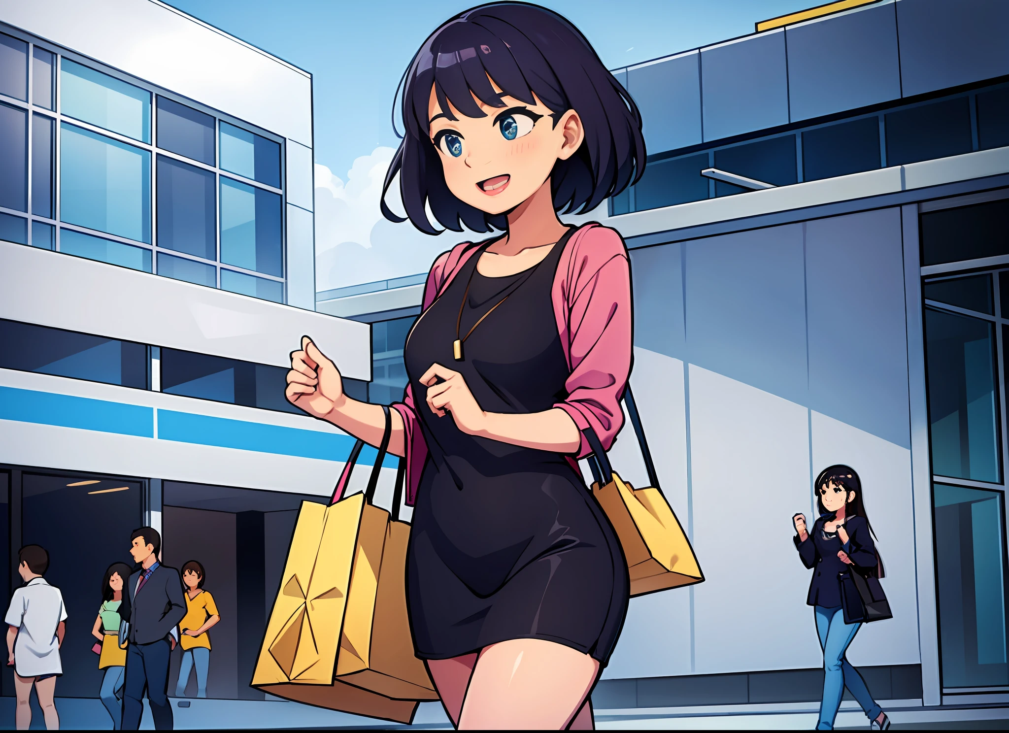 A modern shopping mall. The girl wears fashionable clothes, carries shopping bags, and her face reveals excitement and contentment.