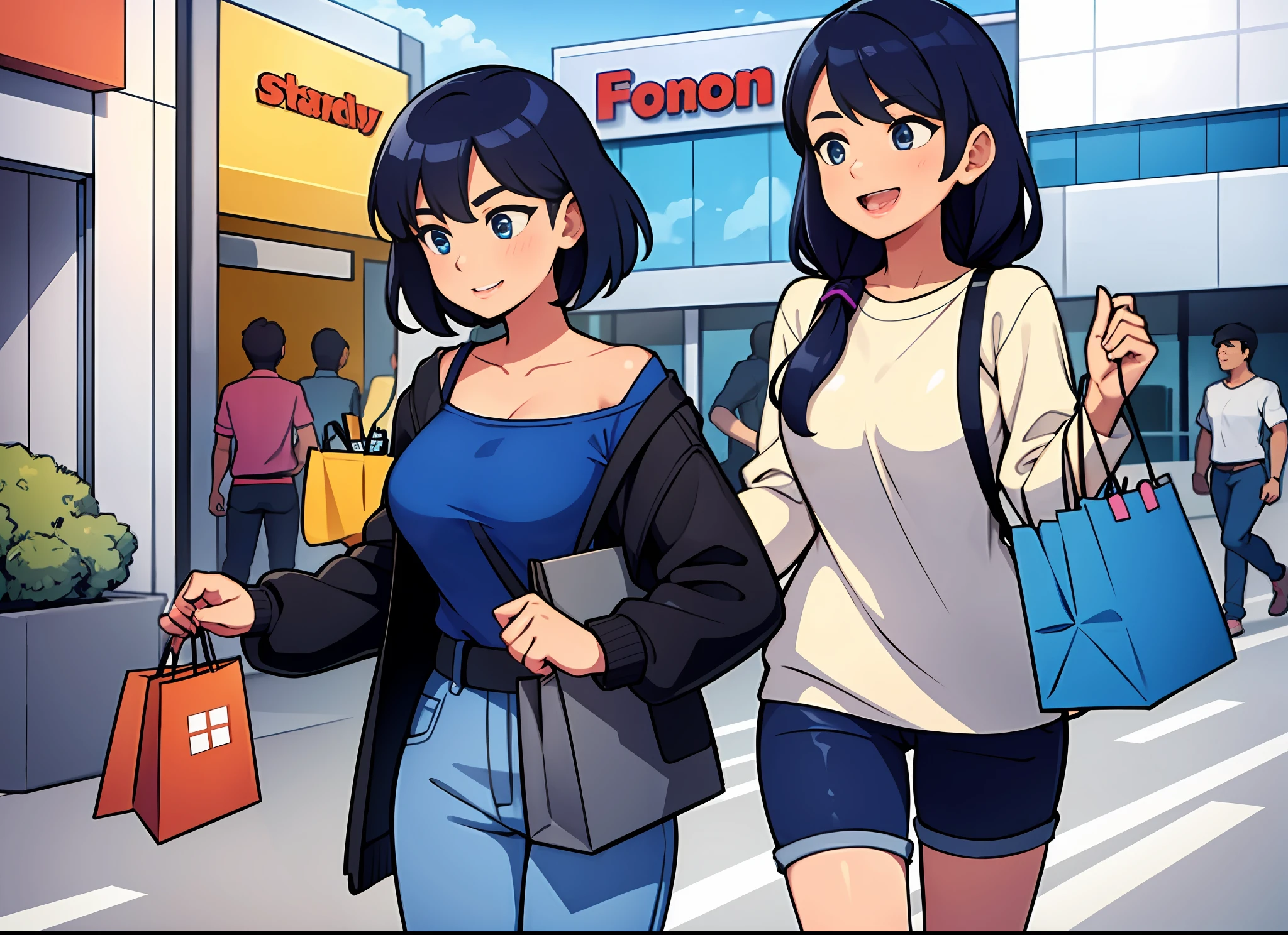 A modern shopping mall. The girl wears fashionable clothes, carries shopping bags, and her face reveals excitement and contentment.