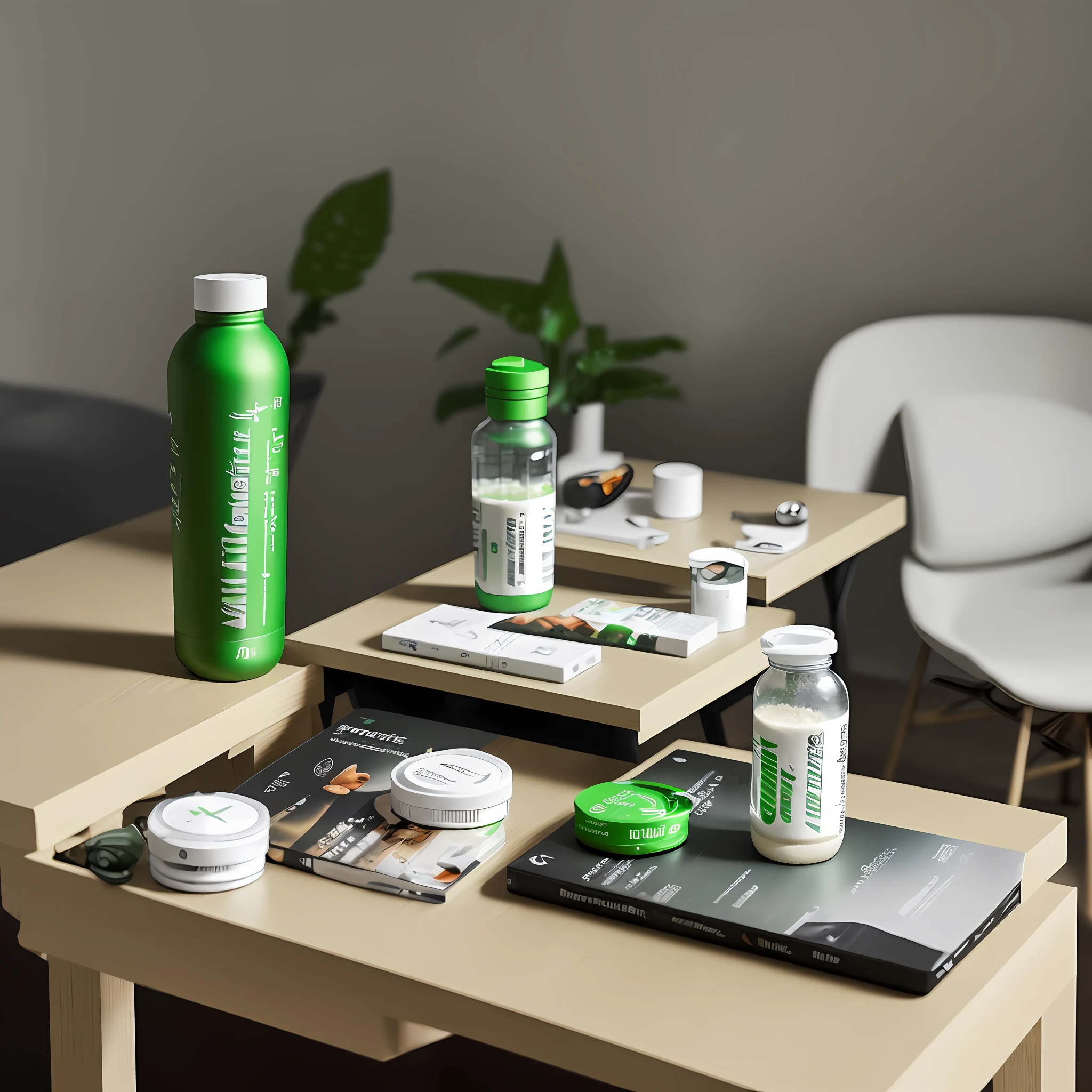 A bottle of NUTRILITE protein powder, on the Bose table, the background is also very high-grade, 8K,