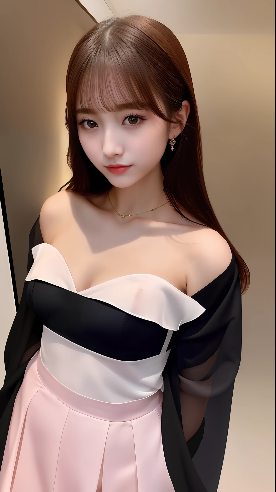 The girl's exquisite features are unparalleled, conforming to the golden ratio. Her eyes are lively and expressive, almost penetrating the soul, full of charm and seduction. Her slender nose is slightly raised, and her pink lips are slightly parted, causing endless imagination. She poses an ahegao expression that makes people daydream and blush. Her skin is fair and delicate like a baby's. Her figure is perfect and hot, as if she were God's favorite. This modern Hanfu style emphasizes the beauty of smooth lines and the display of body contours. In terms of color, black is the main tone, complemented by dark red and gold, creating a noble and mysterious atmosphere. The top features a V-shaped design that exposes the collarbone and shoulder lines, and the long plain sleeves highlight the slim beauty of the arms, partially made of transparent material. The bottom is a suspender skirt, partly made of transparent material, showing personality while retaining the charm of a graceful woman. T