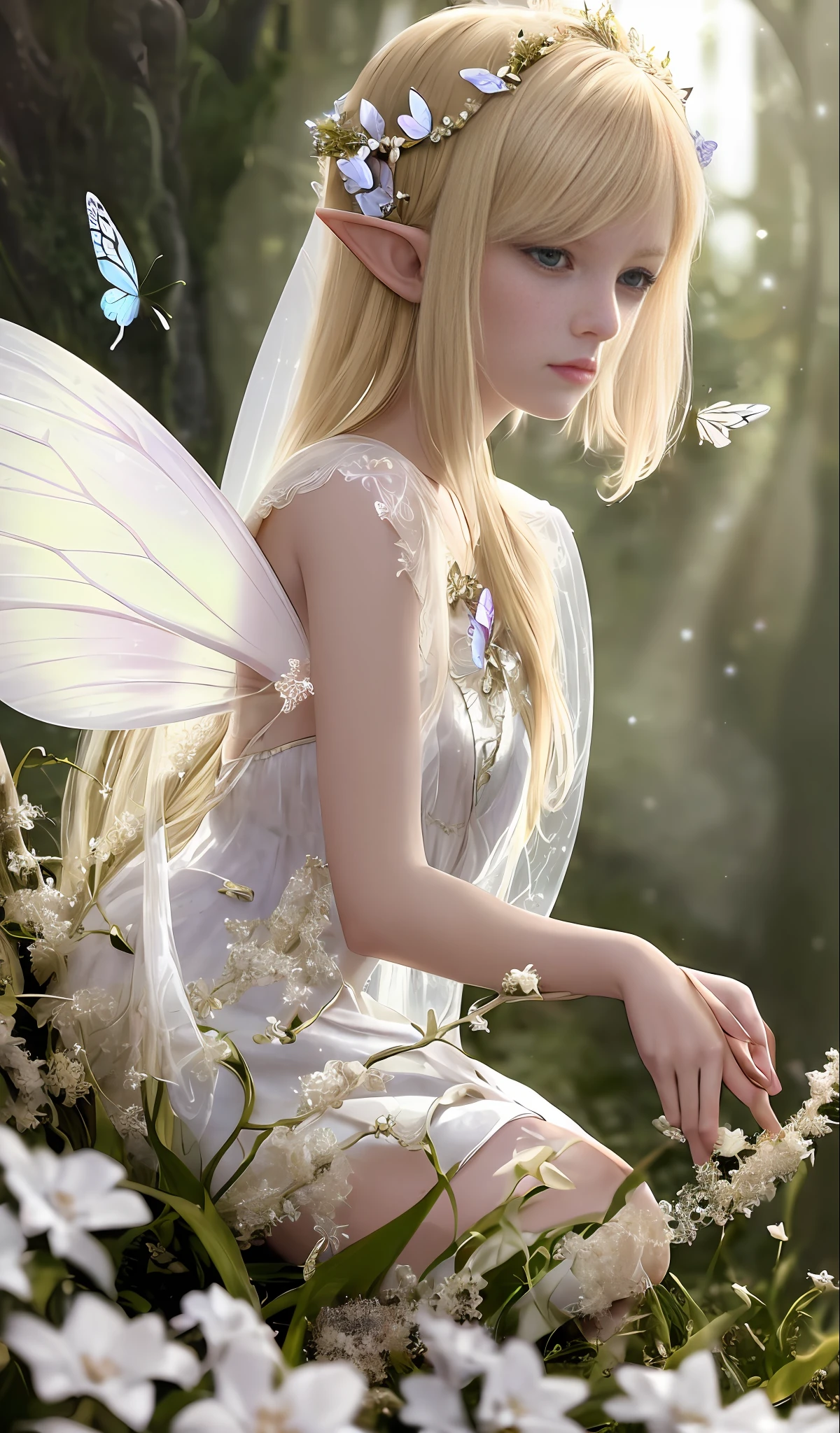 blond haired girl in a white dress with a butterfly wings, fairy aesthetics, a stunning young ethereal figure, portrait of a fairy, beautiful fairy, portrait of fairy, beautiful adult fairy, faerie, fairylike, fairy wings, beautiful fairie, very beautiful elven top model, beautiful fairies, pale milky white porcelain skin, white gossamer wings, fairycore