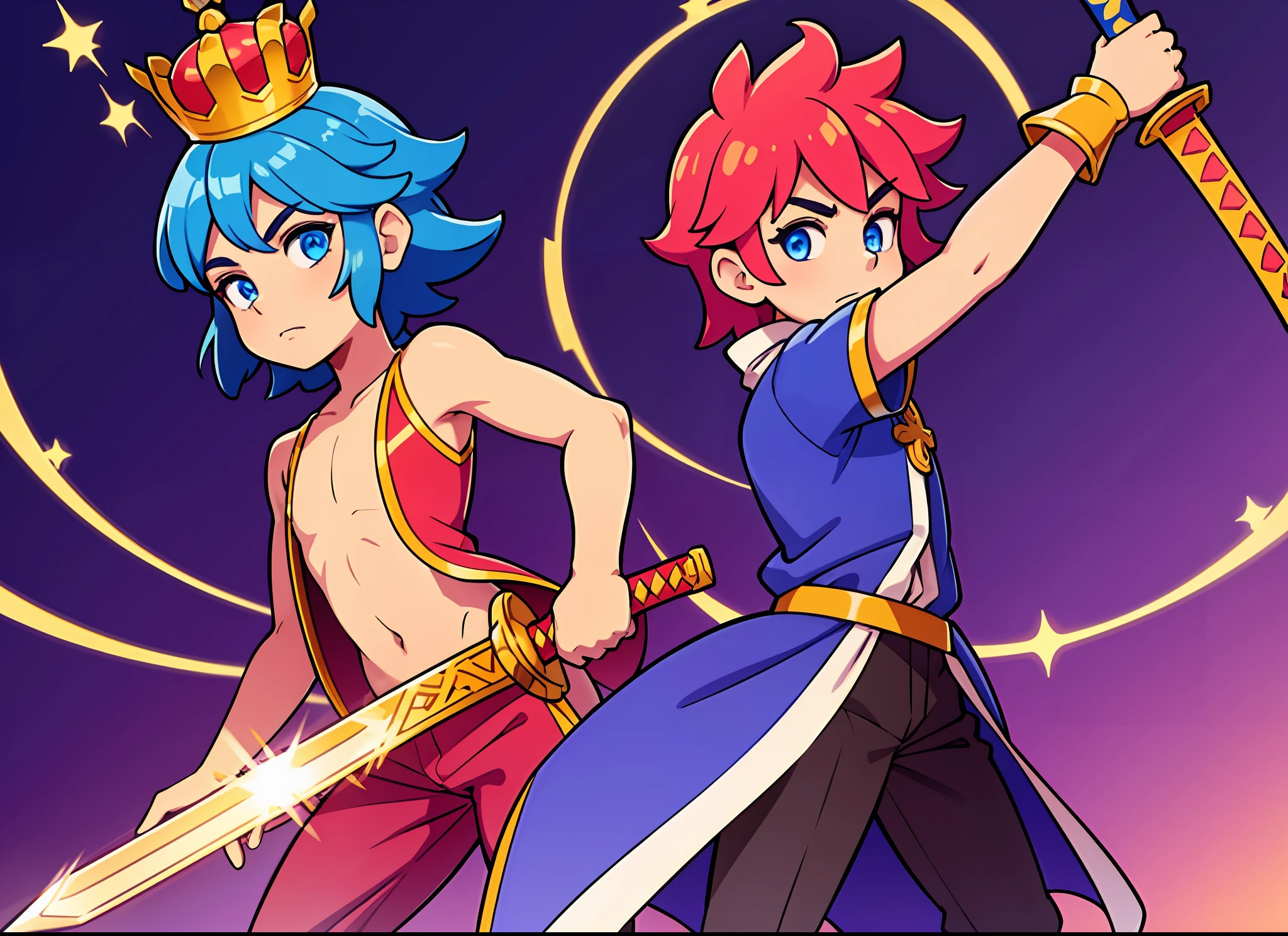 In a fantasy kingdom. The boy wears a flamboyant outfit, a crown on his head, and a mysterious sword in his hand, his eyes revealing authority and confidence.
