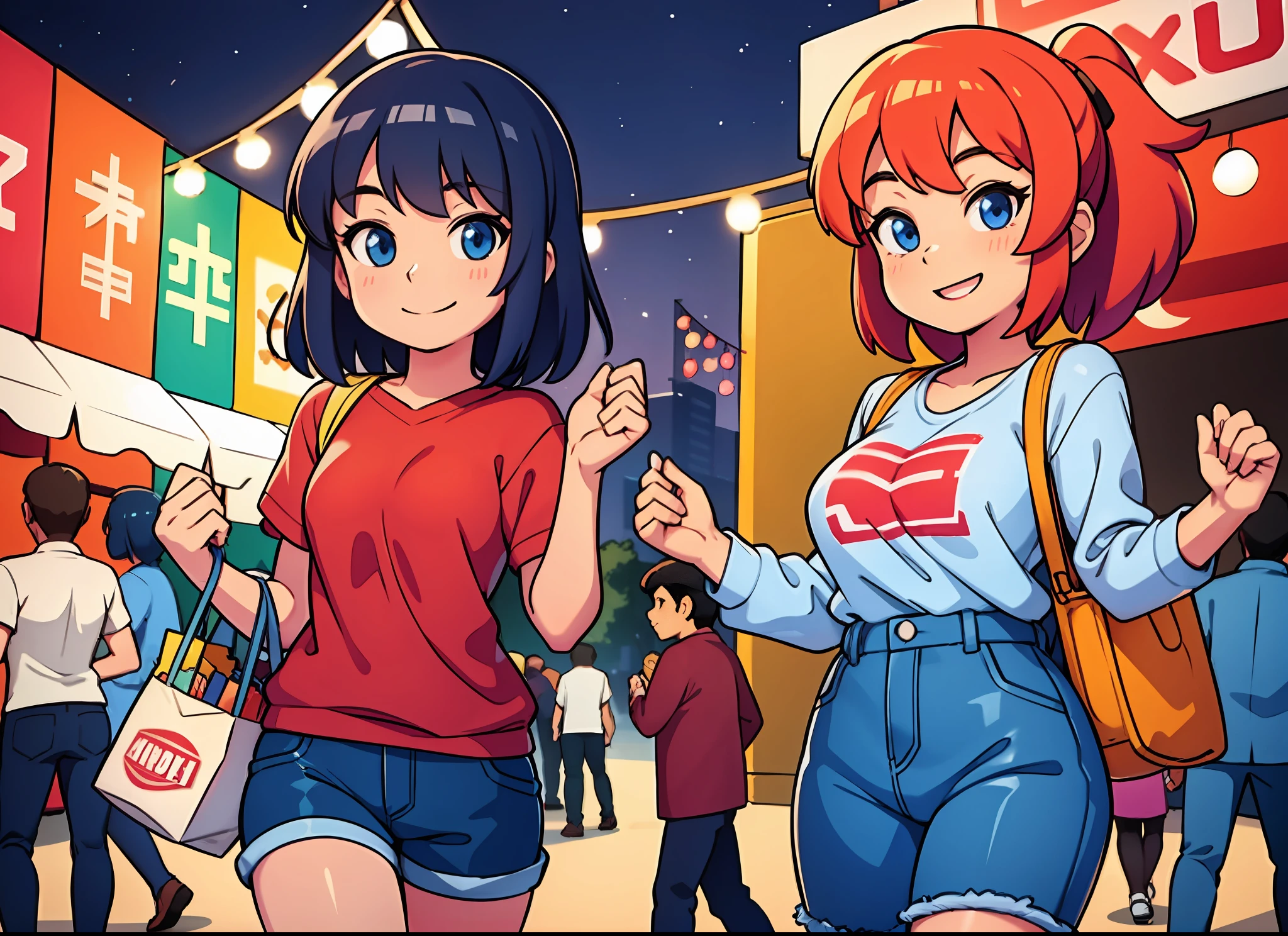 A lively night market. The girl is dressed in casual clothes, carrying snacks and has a happy and contented expression on her face.