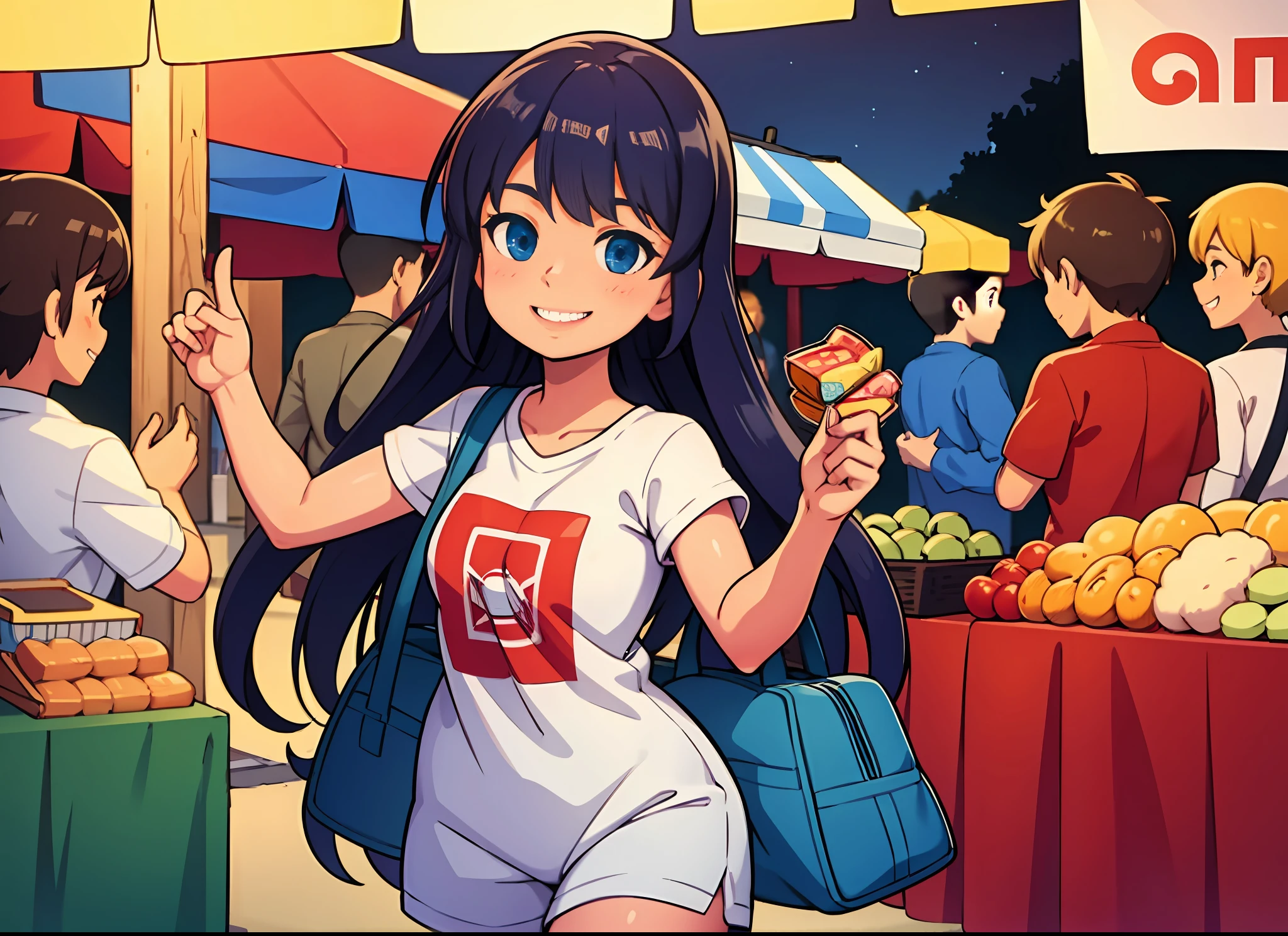 A lively night market. The girl is dressed in casual clothes, carrying snacks and has a happy and contented expression on her face.
