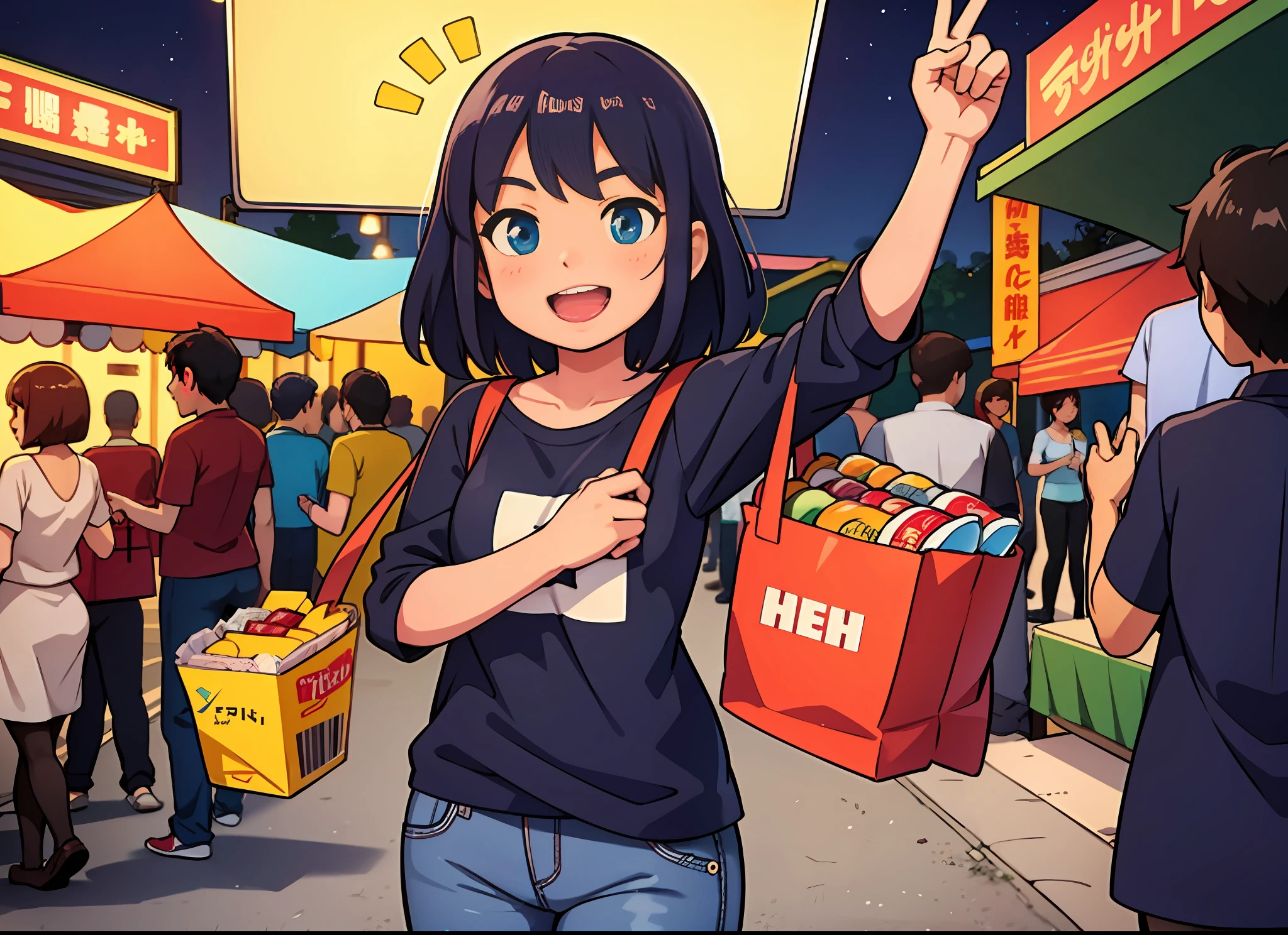 A lively night market. The girl is dressed in casual clothes, carrying snacks and has a happy and contented expression on her face.