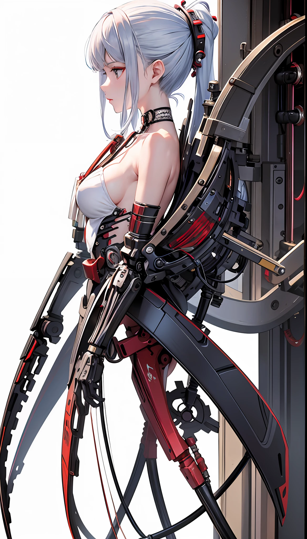 (Masterpiece, Top Quality, Best Quality, Official Art, Beautiful Indulgence: 1.2), (1 Girl: 1.3), Very Detailed, Colorful, Supreme Detail ((Ultra Detailed)), (Highly Detailed CG Illustration), (Very Delicate and Beautiful)), (From the Side), Cinematic Light, (1 Machine Girl)), Solo, Full Body, (Mechanical Joints: 1.2), ((Mechanical limbs)), (Blood vessels connected to tubes), ( Mechanical vertebrae attached to the back), ((Mechanical cervical vertebrae attached to the neck)), expressionless, (Wires and cables attached to the neck: 1.2), (Head wires and cables: 1.2) (Character focus), (Lower body integrated with mechanical devices), Science fiction, White background, (Blood: 1.5), cruelty, absurdity, erotic rotesque, fusion with machines