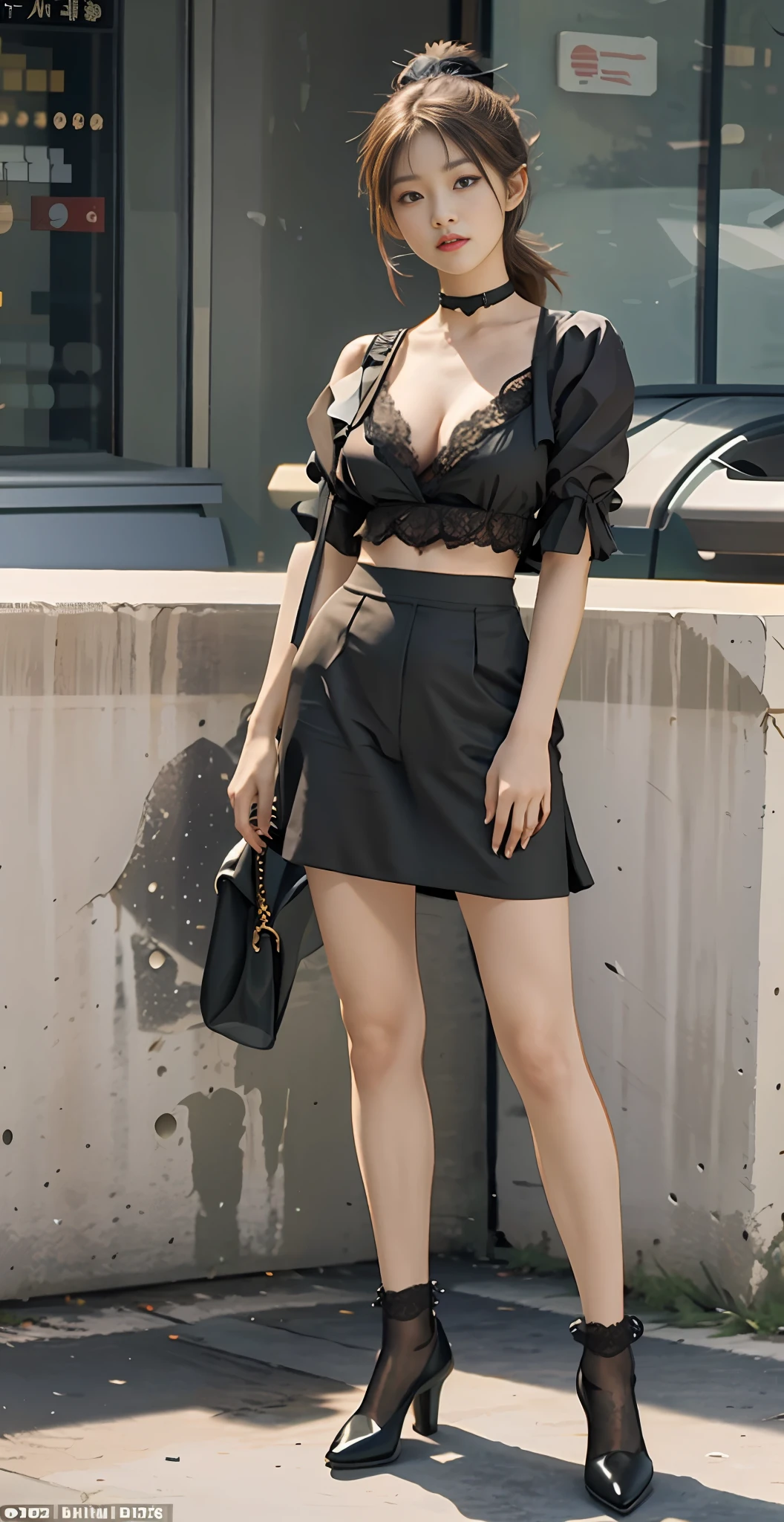 Masterpiece, Best Picture Quality, (Realism, Realism: 1.37), Suyu, Full Body, 1Girl, Tits, Solo, Cleavage, Sexy Bold Wear, Lace Black Socks, Mary Jane Shoes, Looking at the Audience, Seductive Expression, Brown Hair, Ponytail, Standing