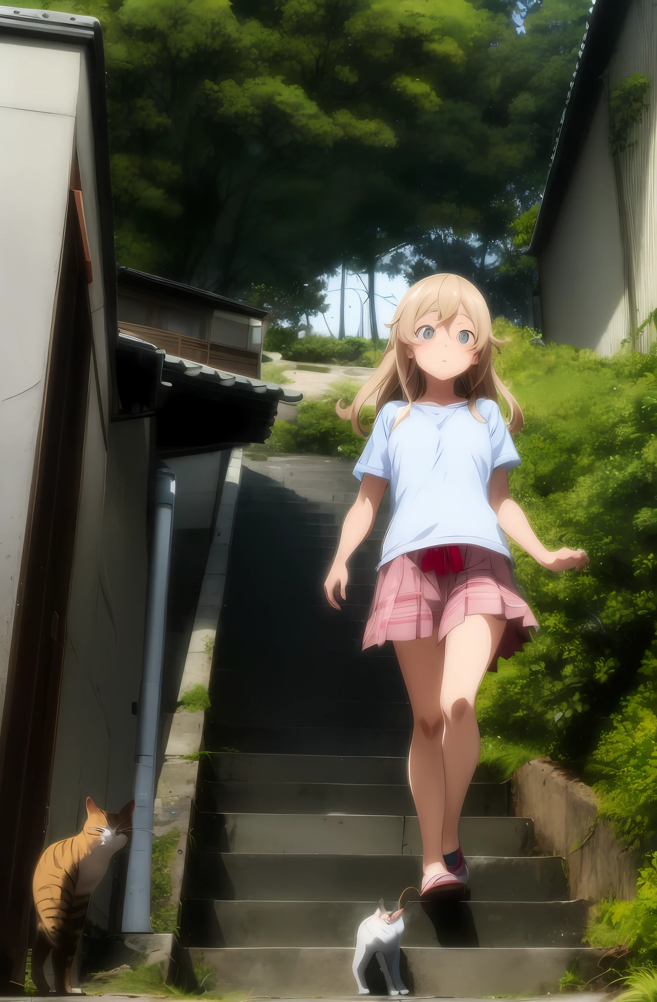 anime girl walking up a flight of stairs with a cat, lolish, anime still film anime shikishi, ehime, kantai collection style, anime film still, style in ghibli anime, screenshot from the anime film, rio de janeiro in an anime film, anime visual of a cute girl, by Kobayashi Kiyochika, marisa kirisame