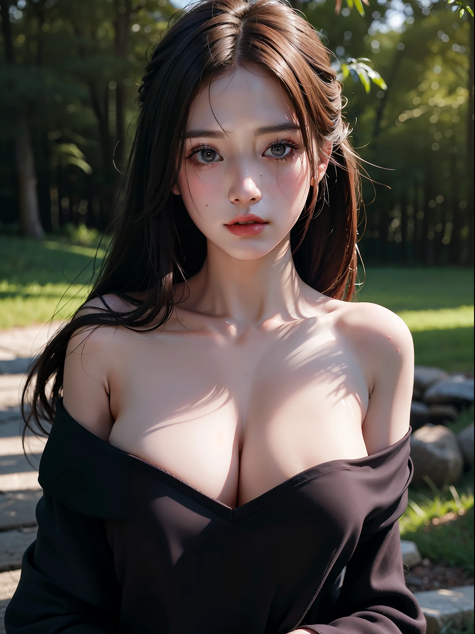 Top Quality, Masterpiece, Ultra High Resolution, (Photorealistic: 1.4), Raw Photo, 1 Girl, Off Shoulder, Darkness, Deep Shadows, Low Key, Cold Light, (Grabbing the Chest: 1.2), Crying Unbearable to Endure Suffering