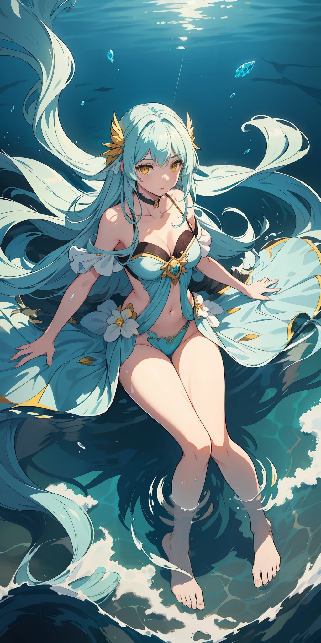 A beautiful girl immersed in water, her long hair flowing through the water. She is adorned in stunning and dynamically colored guardian attire, as depicted in a Pixiv illustration. Her yellow eyes stand out against the water. The background showcases a clear oceanic seascape with crystal-clear waters in incredible and cinematic tones. The overall composition forms a beautiful and illustrative painting, displayed on an extremely detailed 8K CG wallpaper.