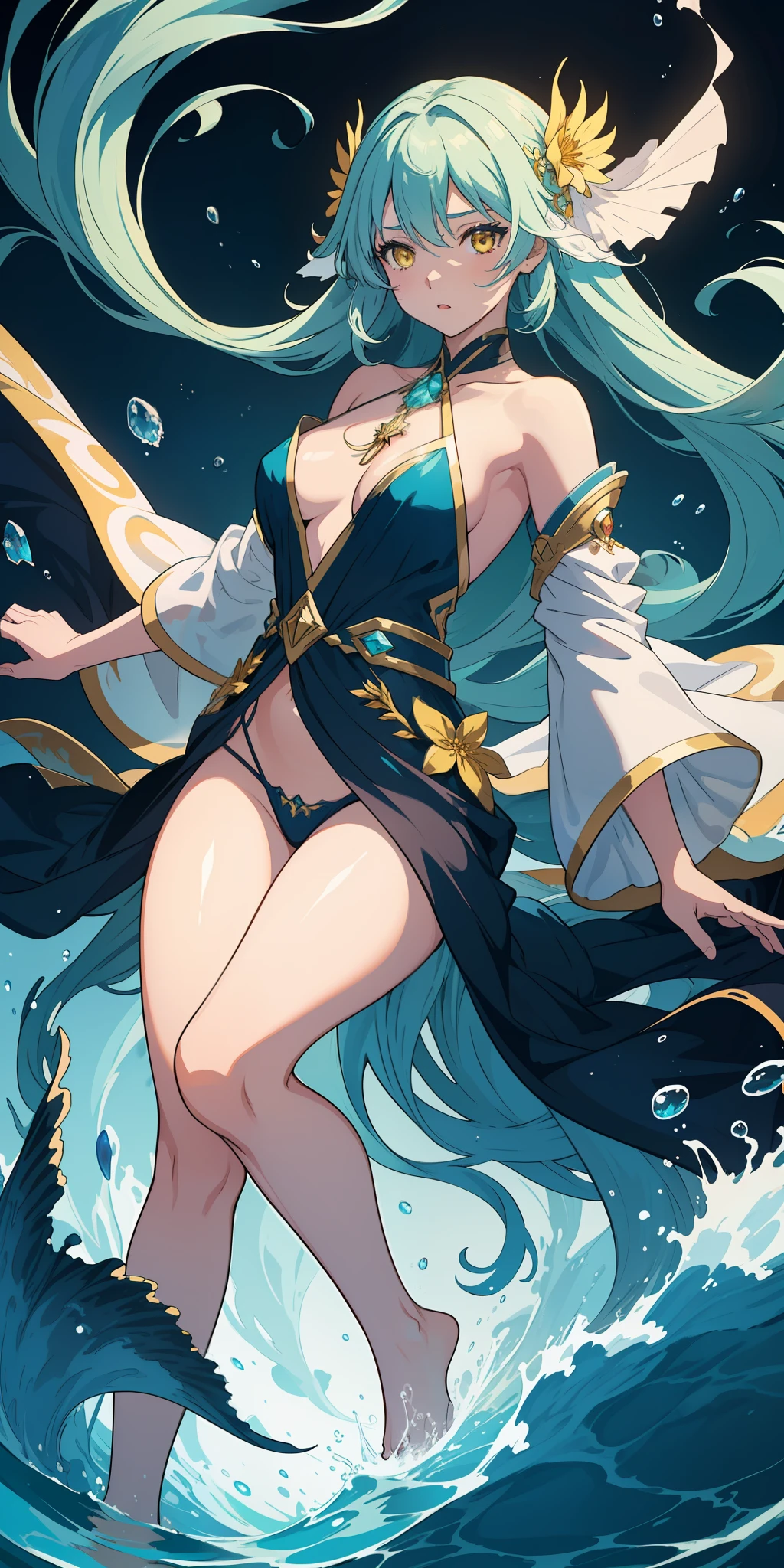 A beautiful girl immersed in water, her long hair flowing through the water. She is adorned in stunning and dynamically colored guardian attire, as depicted in a Pixiv illustration. Her yellow eyes stand out against the water. The background showcases a clear oceanic seascape with crystal-clear waters in incredible and cinematic tones. The overall composition forms a beautiful and illustrative painting, displayed on an extremely detailed 8K CG wallpaper.