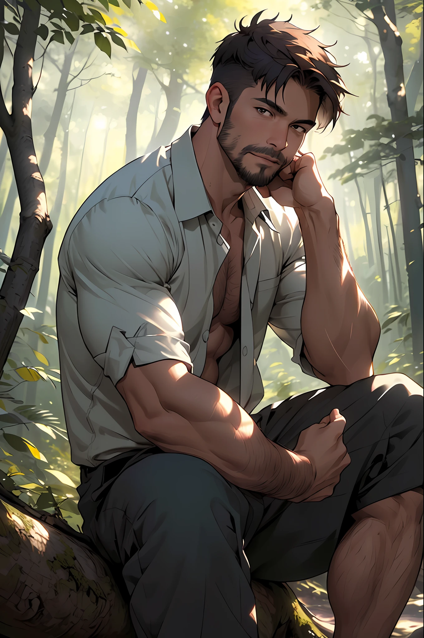 Best quality, masterpiece, expressionless,ultra high res,detailed background,realistic,1man,solo,male,muscular,mature male,short hair,facial hair,sitting,tree,forest,real shadow and light,depth of field,shirt open, underwear