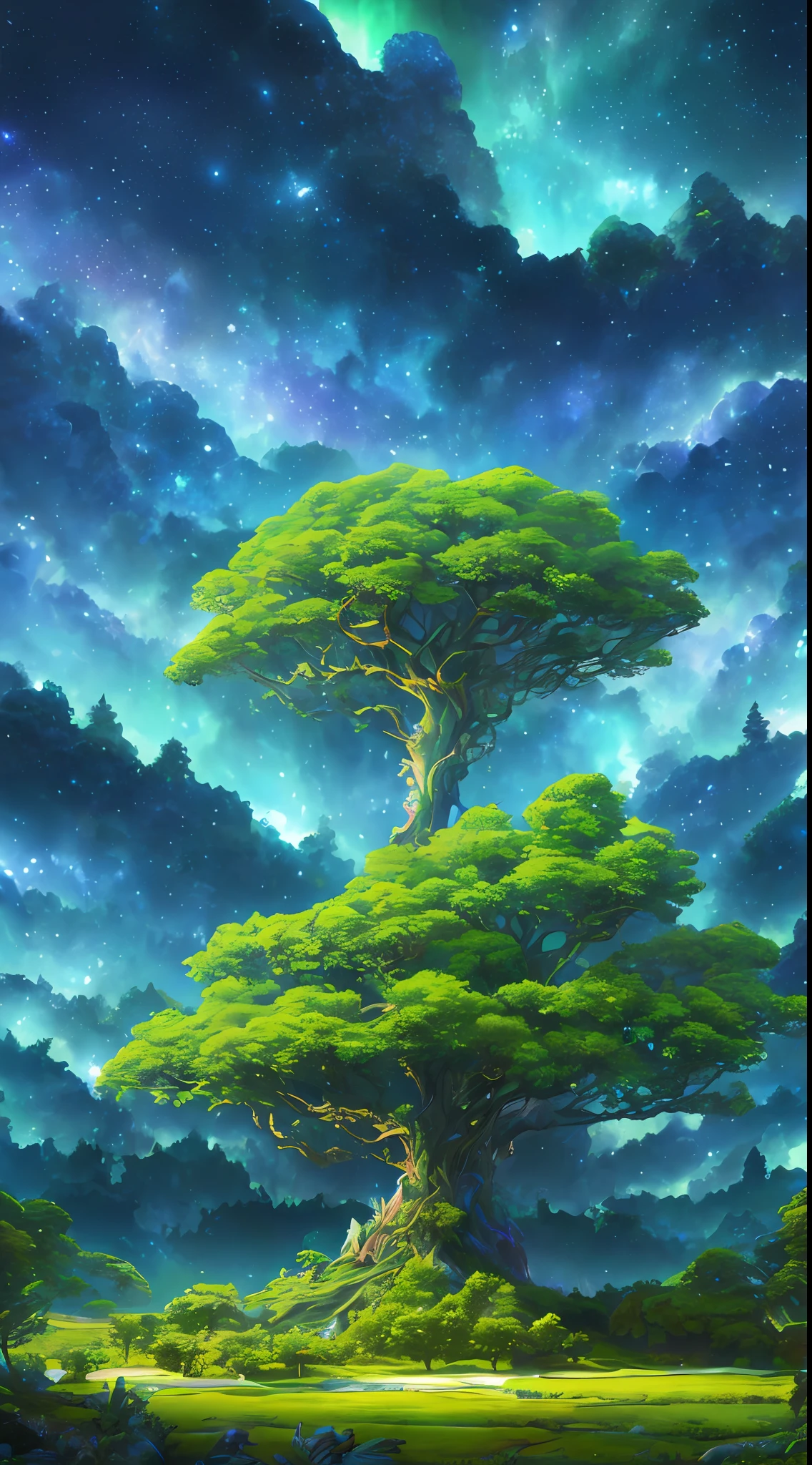 Illustration of a surreal, otherworldly, hyper sky scene including a giant crystal tree full body, highly detailed and magical lighting, intricate forest details, vegetation and surrounding river, solar punk, landscape, giant tree , beautiful green leaves, beautiful lighting and realistic proportions, as if this is a movie background, 8k, highest quality, masterpiece, clouds and stars in the sky.