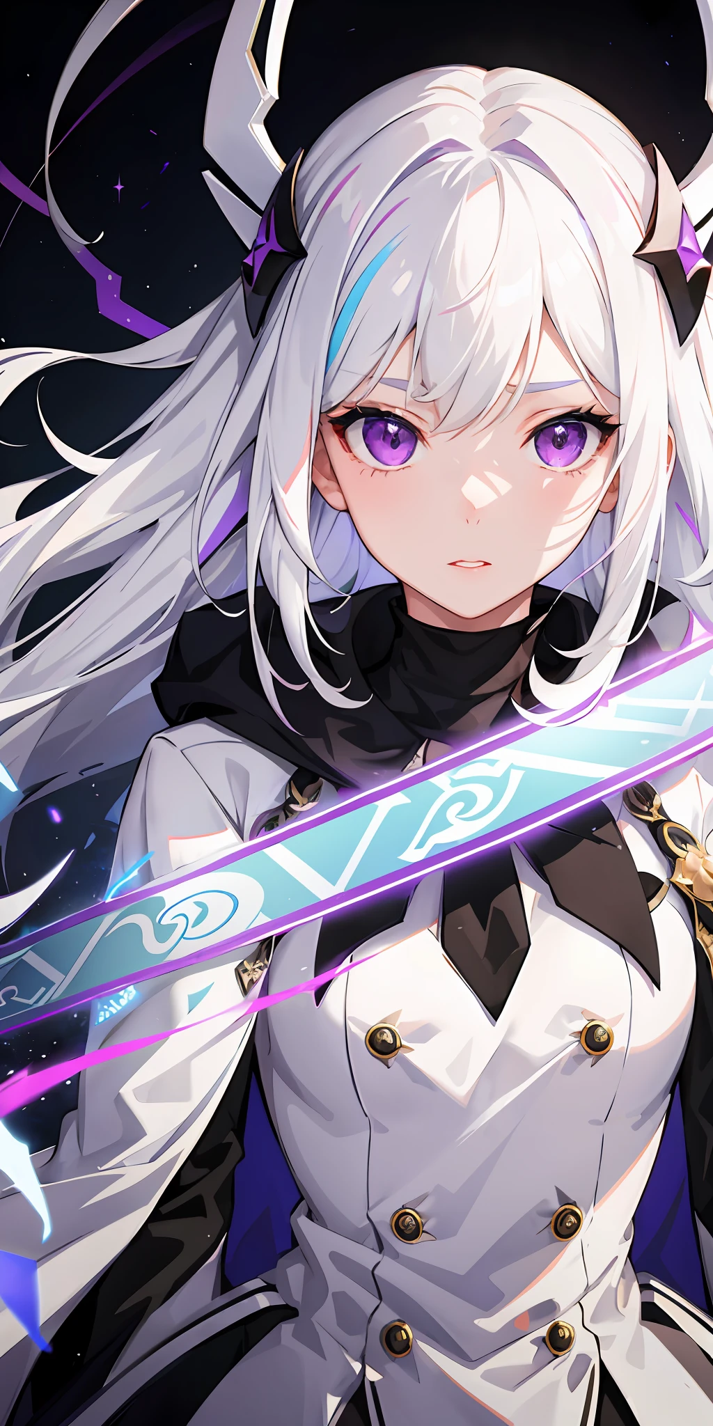 1girl, white hair, multicolored hair, purple eyes, mask on head, sidelighting, light particles, wallpaper,