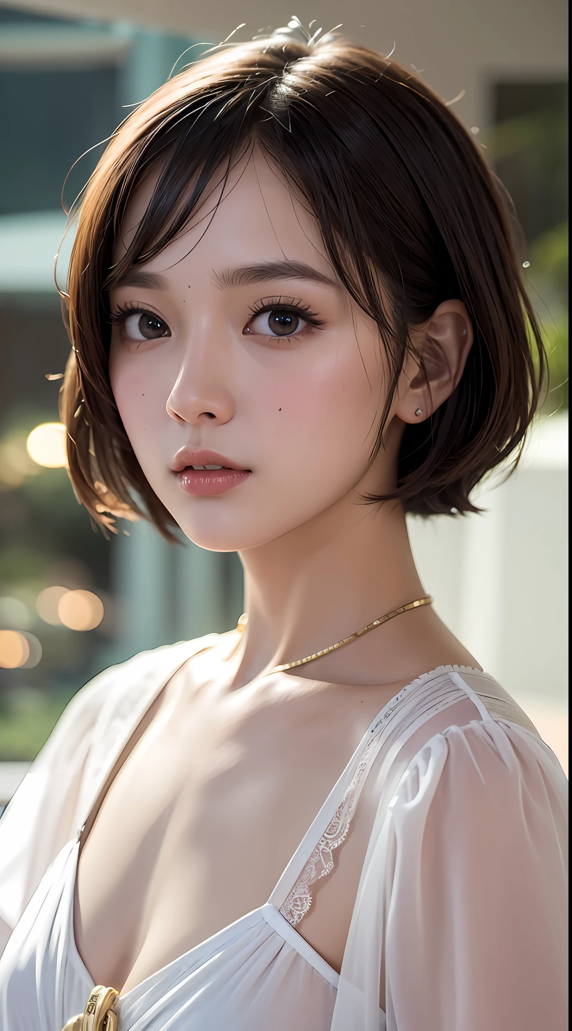 (Singapore:1.5), Close-up, Masterpiece, Top quality, Picture from the waist up, Photorealistic, Face, Incredibly absurd, Beautiful girl, Cute, Short hair, Depth of field, High resolution, Ultra detail, Fine detail, Very detailed, Very detailed eyes and face, Sharp pupils, Realistic pupils, Sharp focus, Cinematic lighting, jewel babydoll clothes