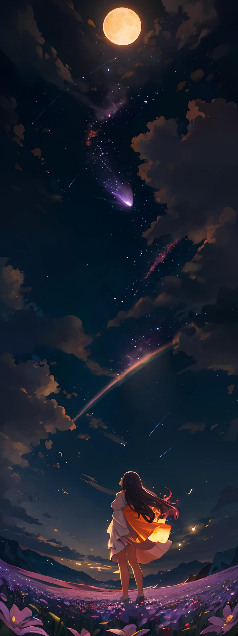 Vast landscape photo, (viewed from below, the sky is above and the open field is below), a girl standing on a flower field looking up, (full moon: 1.2), (meteor: 0.9), (nebula: 1.3), distant mountains , Trees BREAK Crafting Art, (Warm Light: 1.2), (Fireflies: 1.2), Lights, Lots of Purple and Orange, Intricate Details, Volumetric Lighting, Realism BREAK (Masterpiece: 1.2), (Best Quality), 4k, Ultra-Detailed, (Dynamic Composition: 1.4), Very Detailed, Colorful Details, (Rainbow Colors: 1.2), (Glow Lighting, Atmospheric Lighting), Dreamy, Magical, (Solo: 1.2)