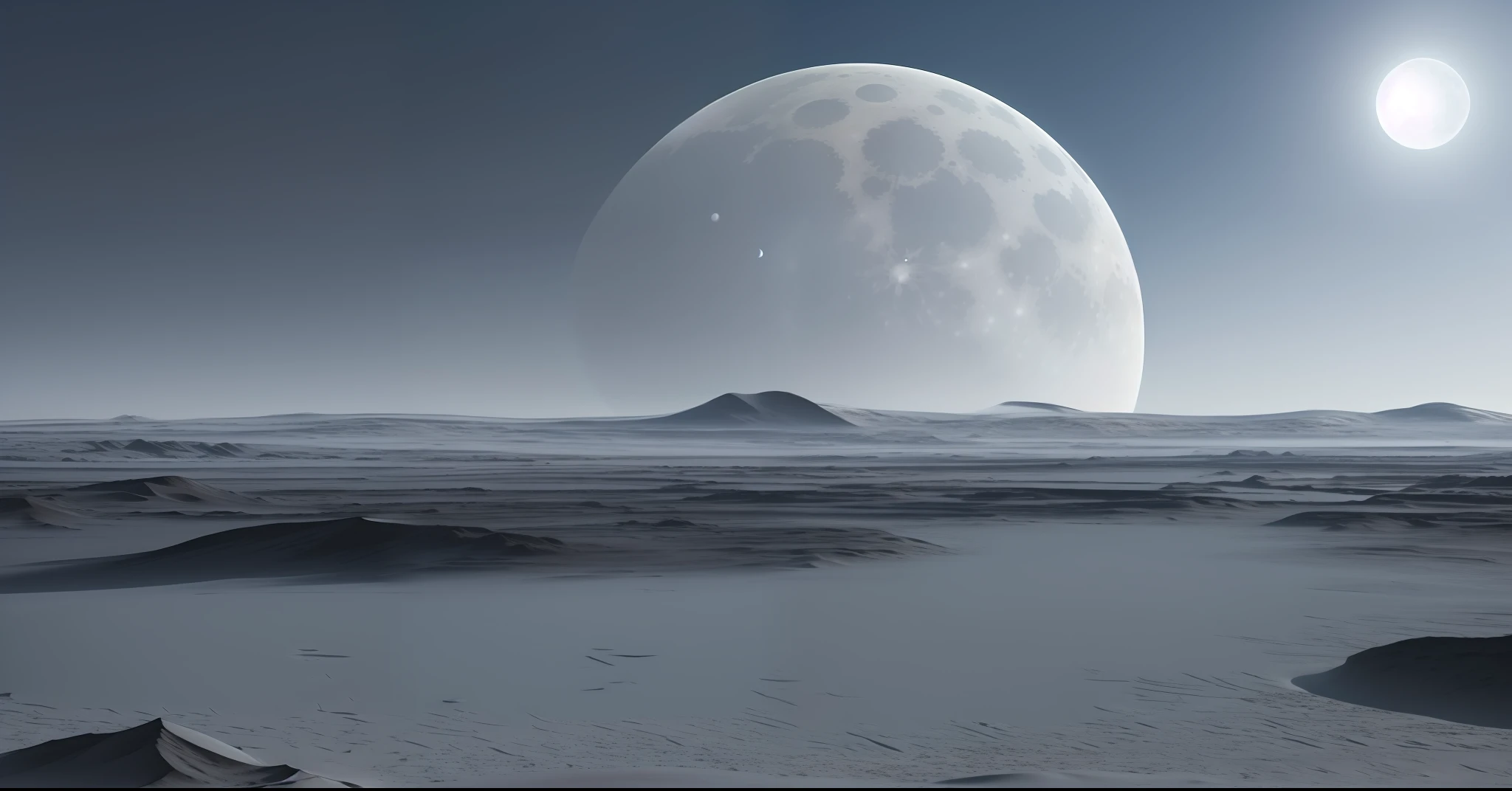 a computer generated image of a planet in the sky, sandy white moon landscape, planet landscape, big white moon background, alien surface planet, planetary landscape, planet surface, an alien landscape view, moon landscape, ice planet, exoplanet landscape, beautiful alien landscape, landscape of an alien world, ocean on alien planet titan, lunar landscape, stunning alien landscape